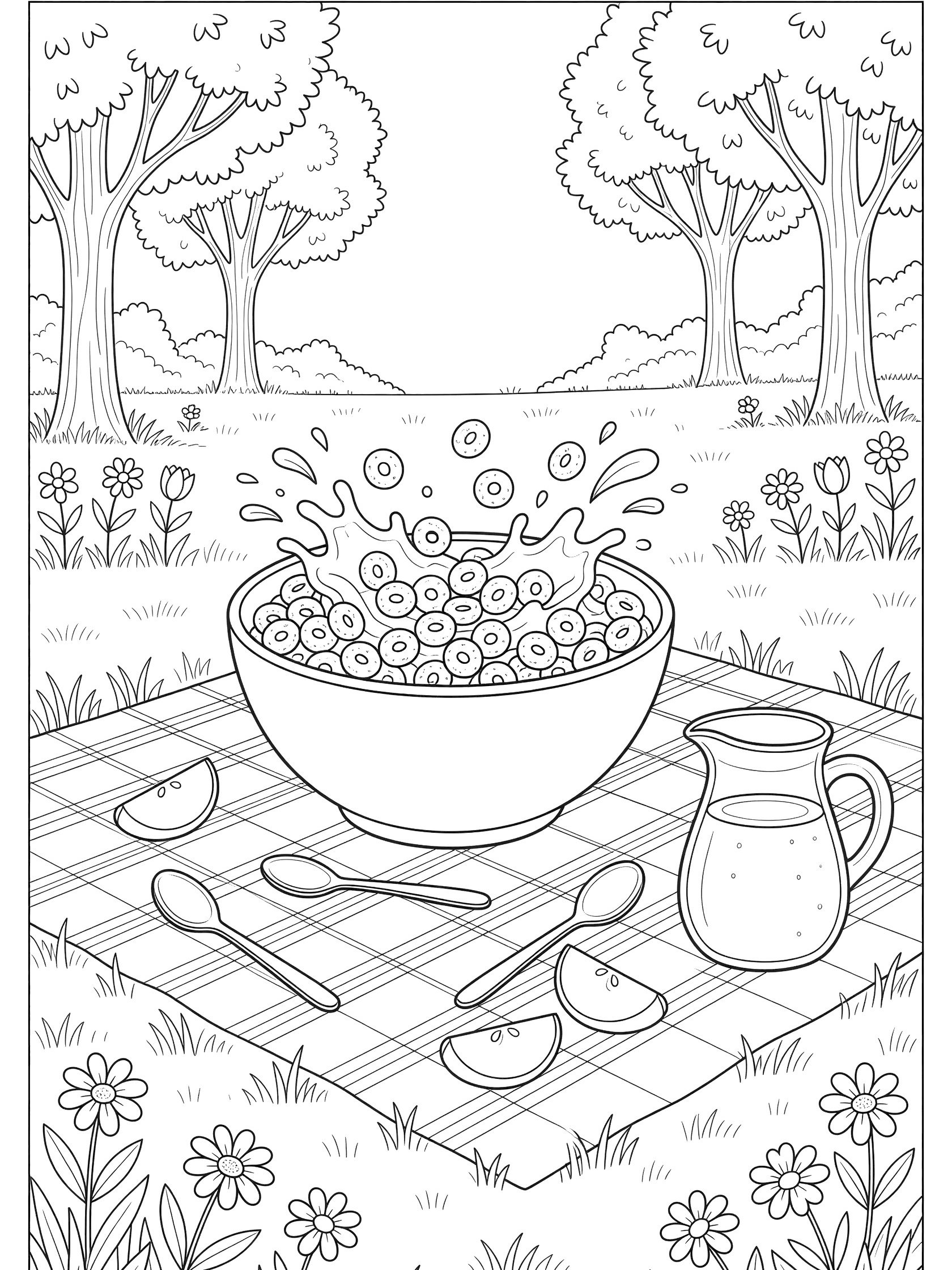 Black and white line art of a picnic breakfast featuring a large overflowing cereal bowl with milk on a checkered blanket, surrounded by spoons, apple slices and juice pitcher amid grass, trees and flowers.