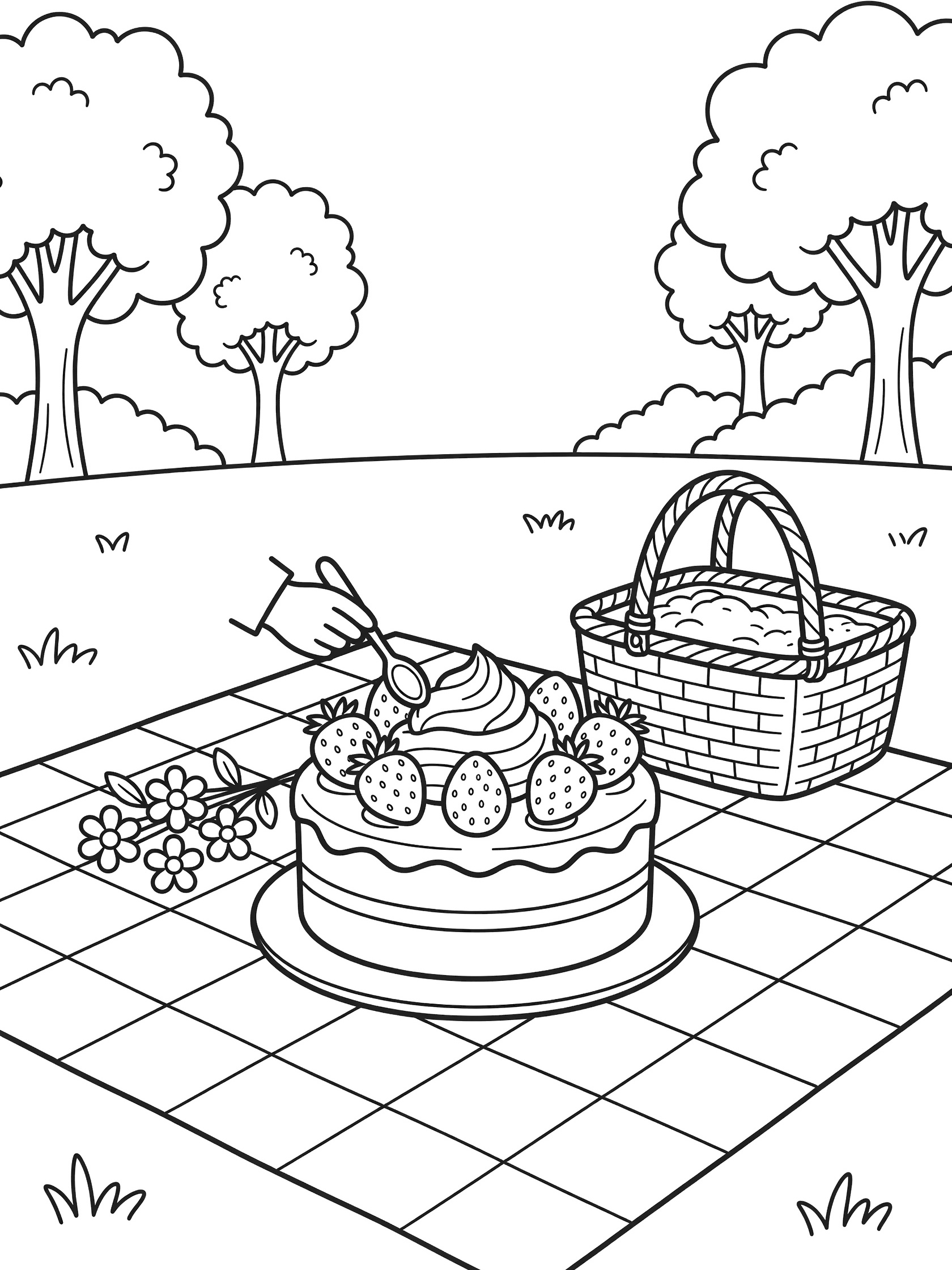Black and white line art of a cake decorated with strawberries and whipped cream using a spoon on a picnic blanket outdoors with basket and flowers nearby.