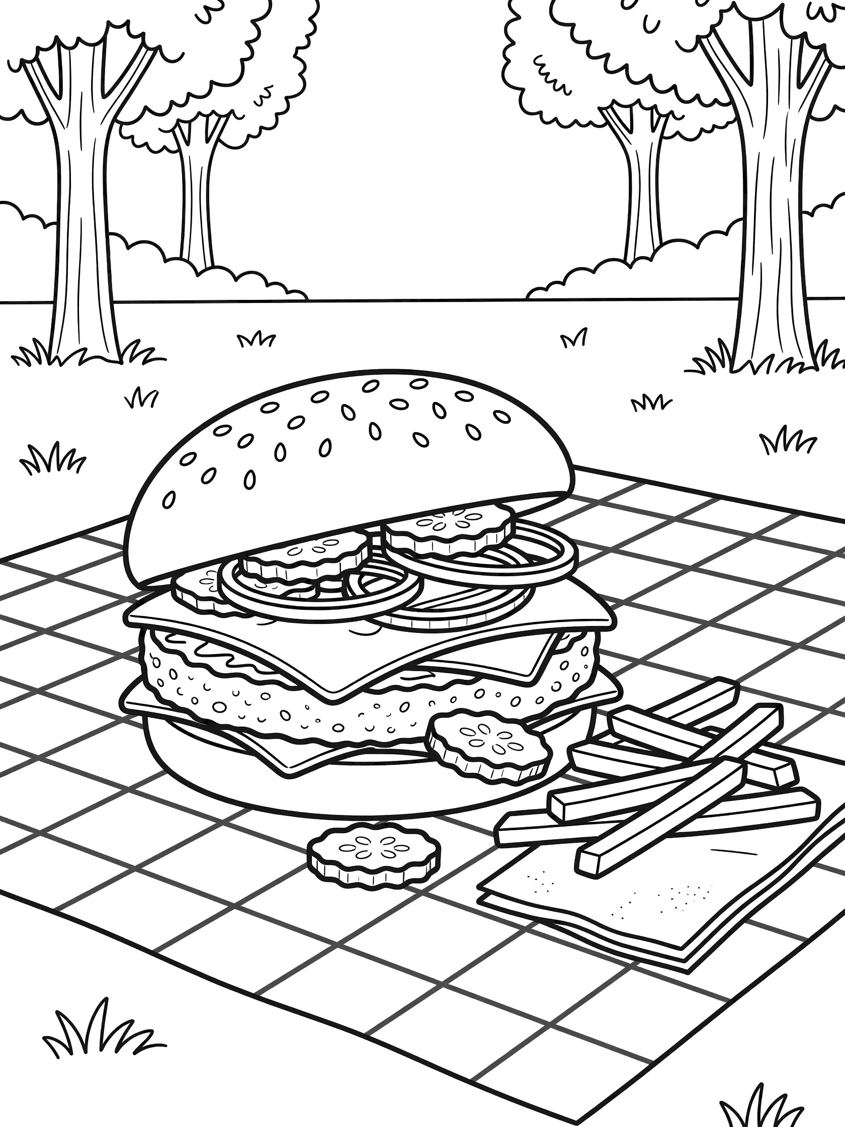 Line art coloring page showing an open cheeseburger with sesame bun, beef patty, cheese slices, onions, pickles on a checkered picnic blanket next to french fries and napkin in a park with trees.