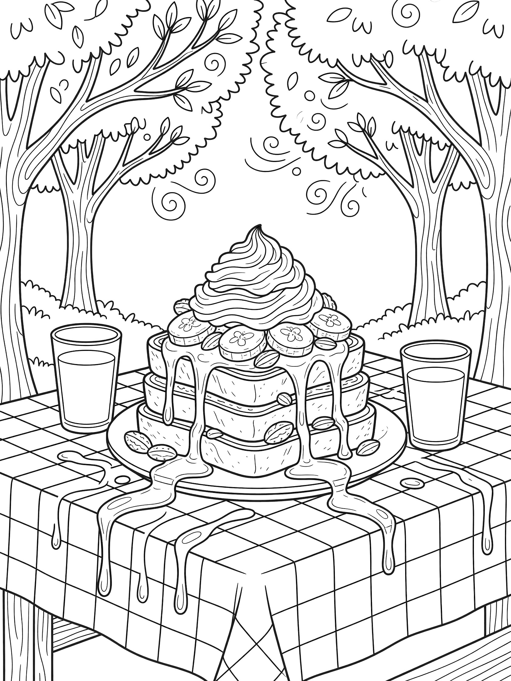 Black and white line art of loaded French toast on a picnic table with whipped cream, banana slices, nuts, syrup drips, juice glasses, checkered cloth, trees, and wooden benches.