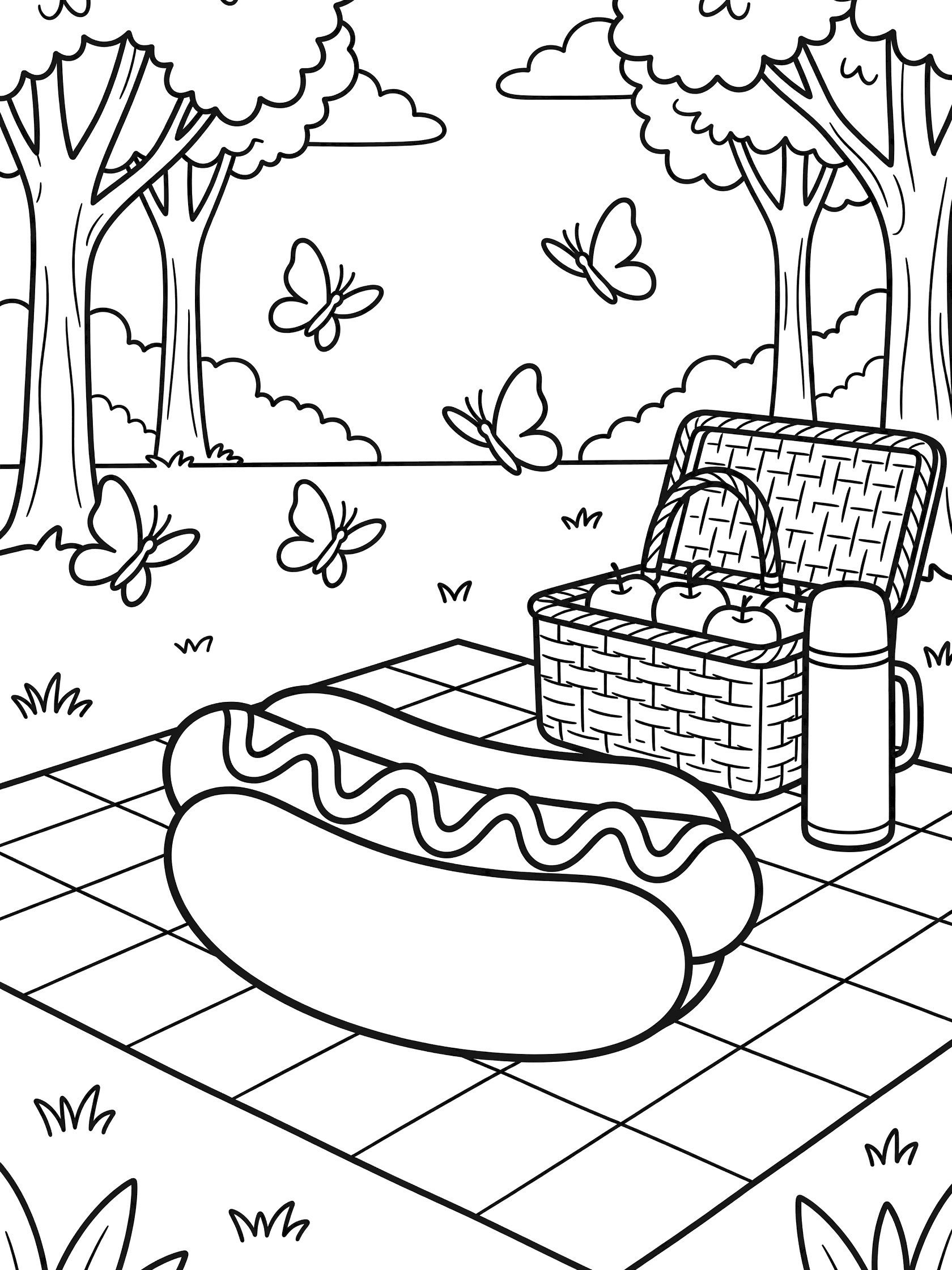 Black and white line art of a hot dog in a bun on a picnic blanket with basket, apples, thermos, butterflies, trees, and grass.