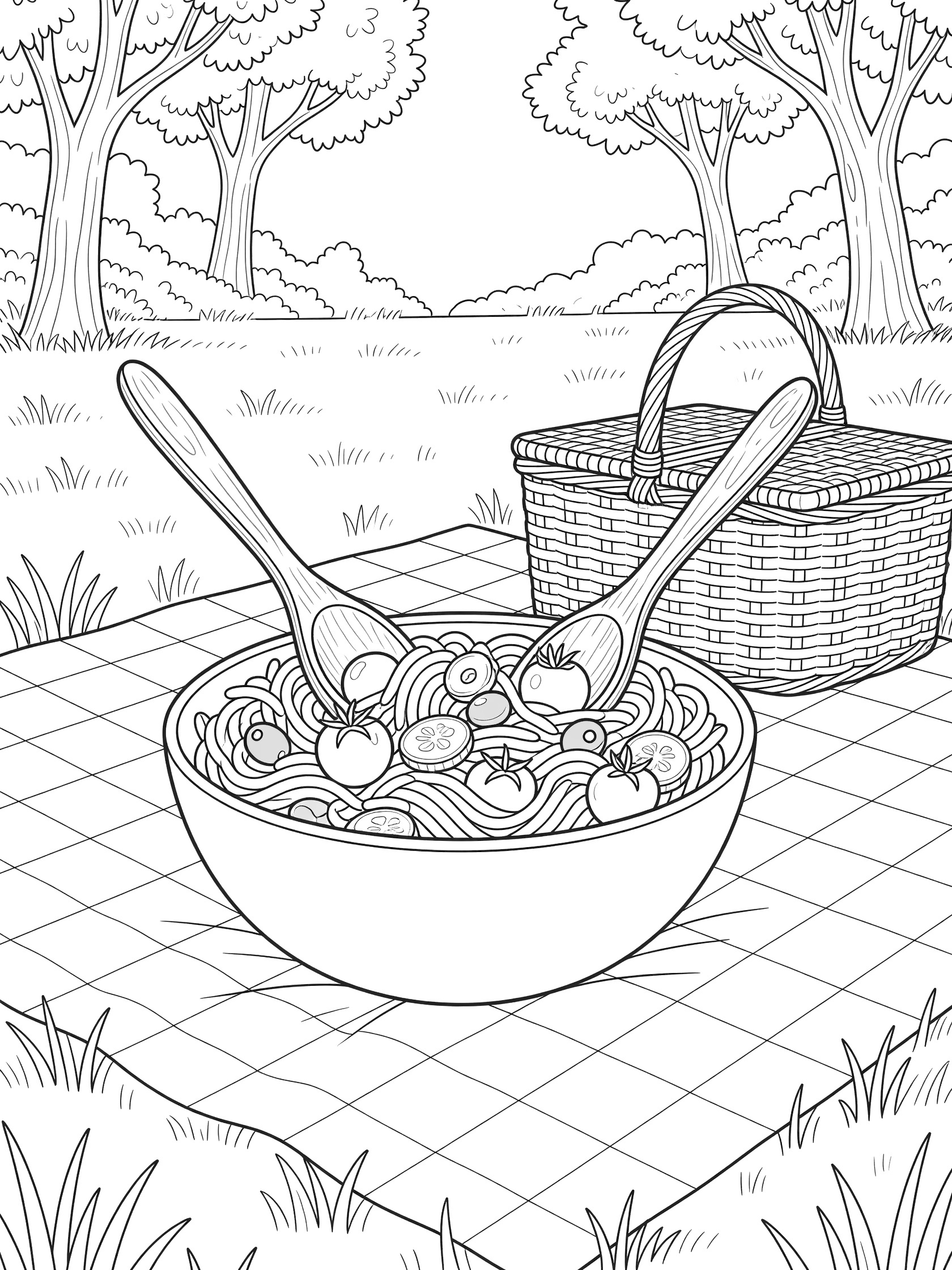 Line art coloring page showing two wooden spoons tossing pasta salad with tomatoes, cucumbers and olives in a large bowl on a picnic blanket with basket, grass and trees.