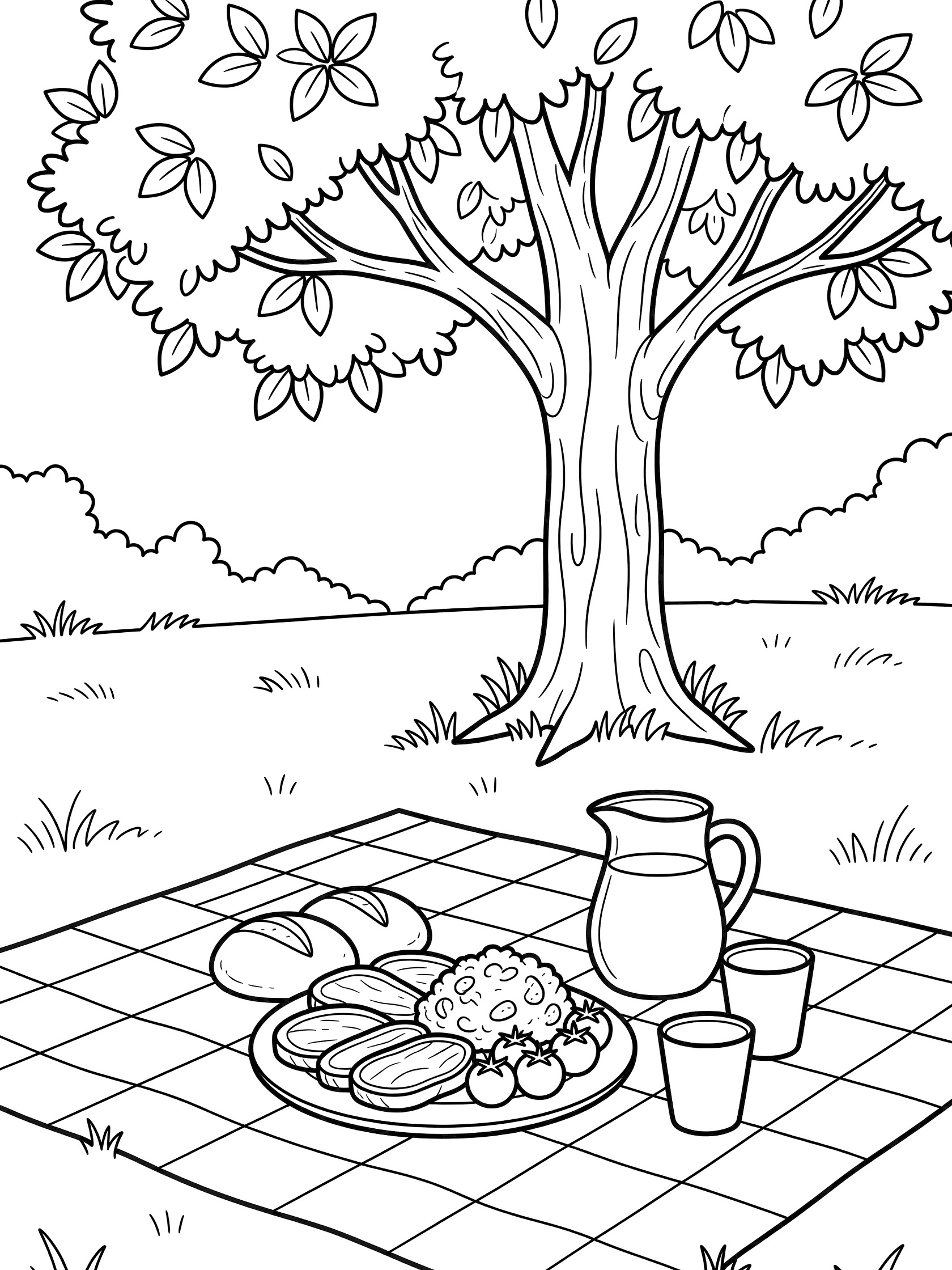 Black and white coloring page of sliced steak on a picnic plate with potato salad, cherry tomatoes, bread rolls, juice pitcher and cups on checkered blanket in grassy park under big tree.