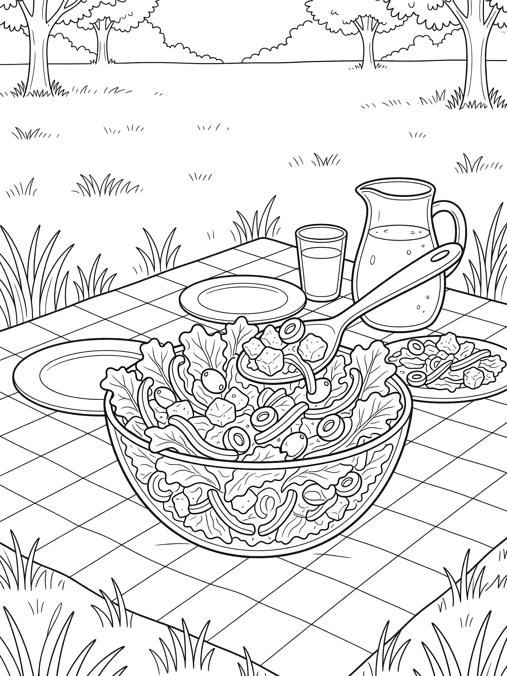 Black and white line art of a large glass bowl full of salad greens, olives and veggies on a checkered picnic blanket in a park with plates, spoon, juice pitcher and glass.