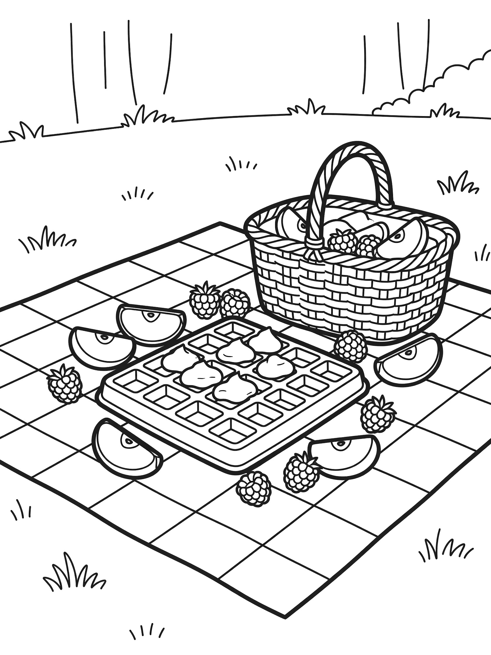 Black and white line art coloring page showing a waffle with yogurt, raspberries and apple slices on a picnic blanket next to a fruit basket outdoors