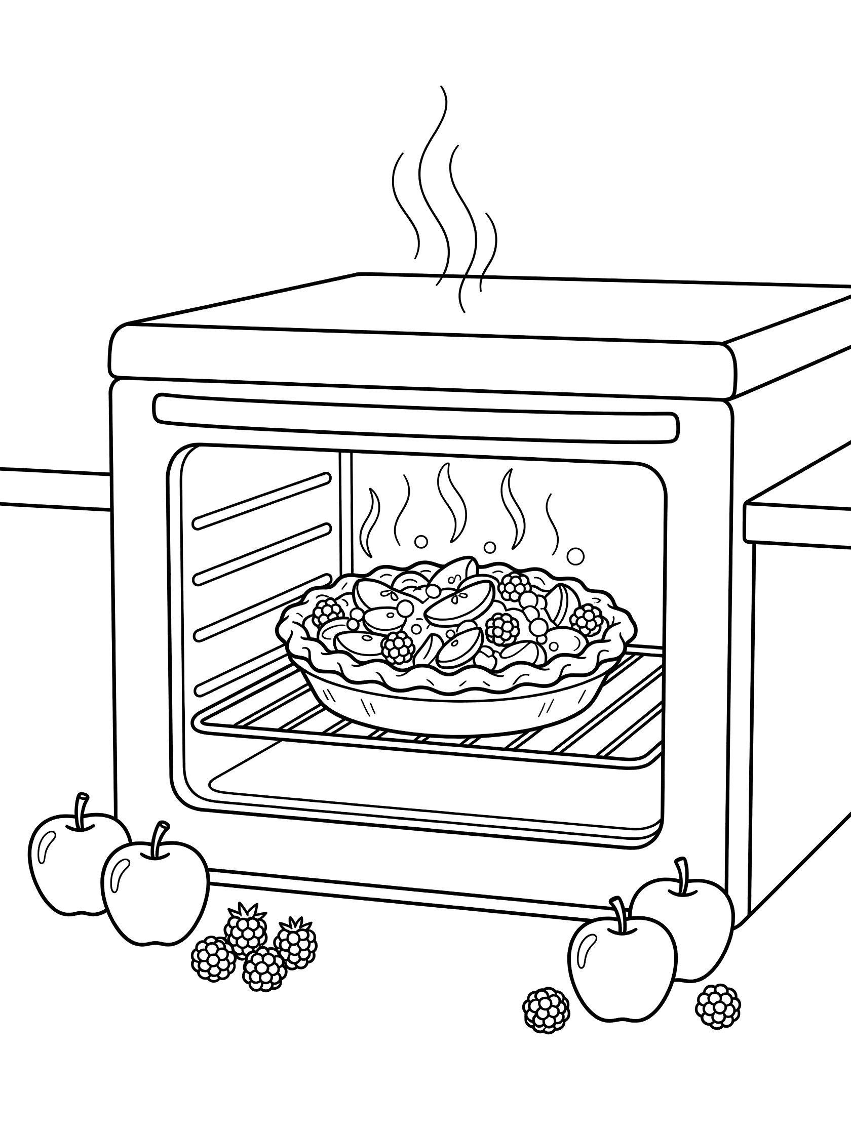 Line art coloring page showing a round pie baking inside an oven with visible fruit filling, steam rising, and apples and berries nearby on the kitchen counter.