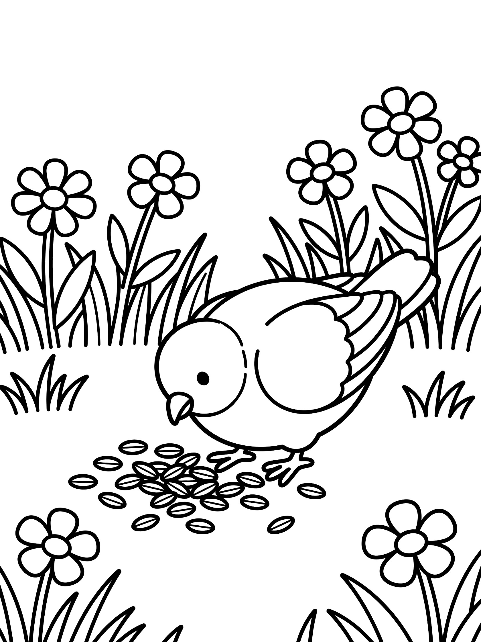 Black and white line art coloring page showing a pigeon eating seeds on the ground with flowers and grass nearby.