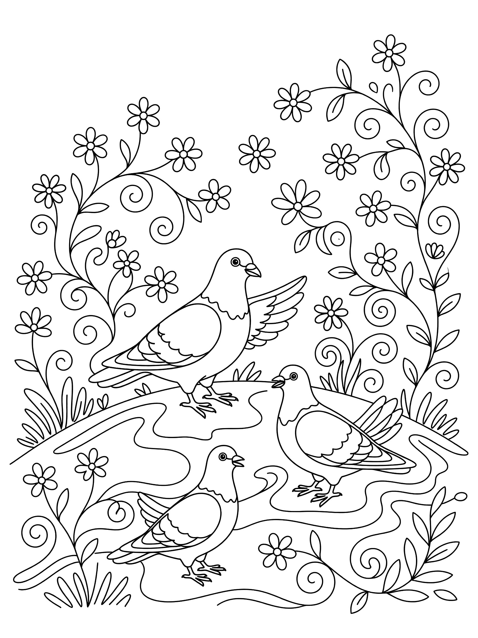 Line art coloring page showing three pigeons standing together by wavy grass and water, surrounded by doodle flowers and curly vines.