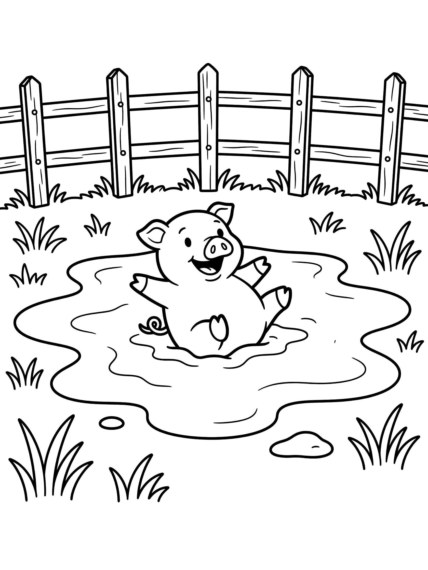 Black and white line art coloring page showing a smiling piglet splashing in a large mud puddle surrounded by grass and a wooden fence. Pigs themed black and white printable line art