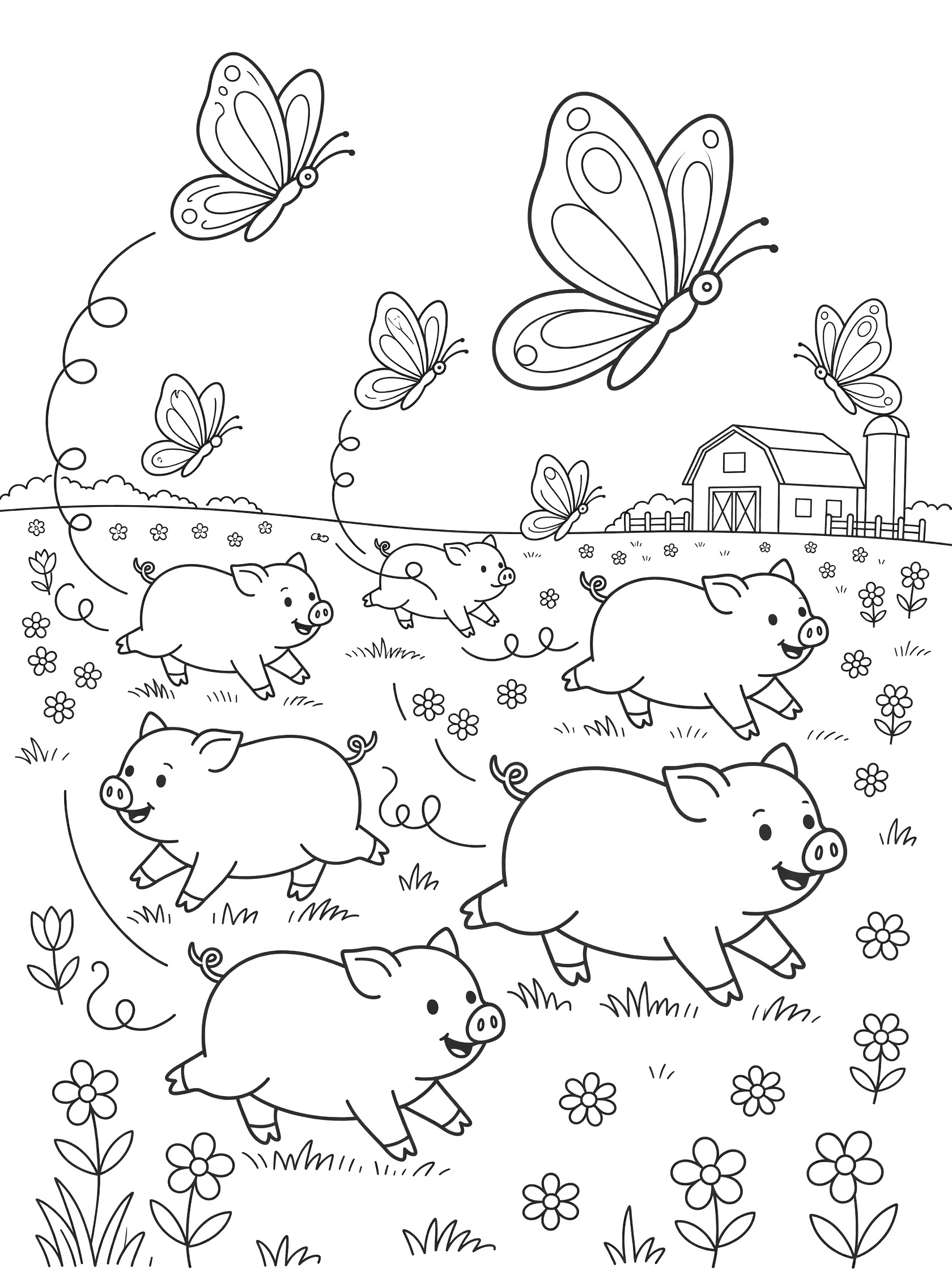 Printable coloring page showing several piglets running with wiggly tails chasing large butterflies in a field of flowers by a farm barn and silo. Pigs themed black and white printable line art