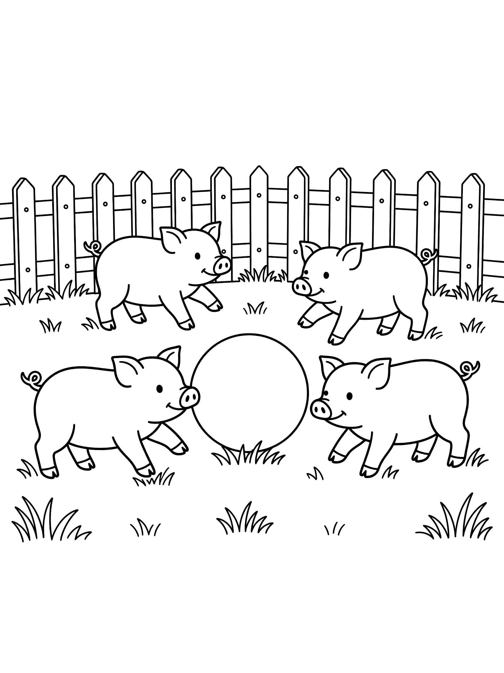 Black and white line art coloring page showing four piglets kicking a large round ball on grass inside a wooden farm fence.