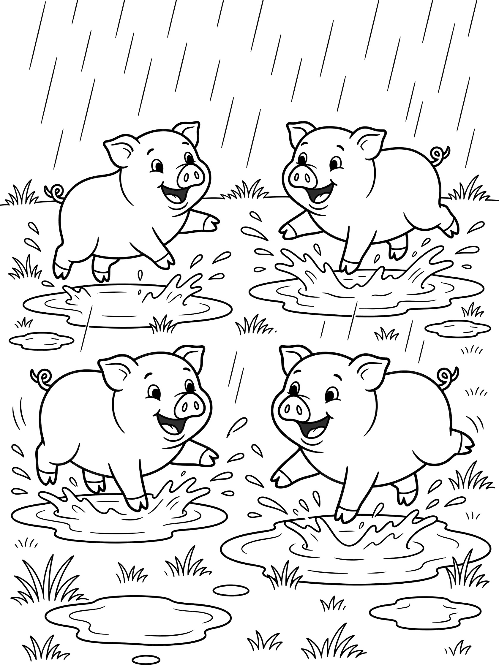 Black and white line art coloring page showing four cute piglets splashing in puddles after rain, with grass and falling raindrops. Pigs themed black and white printable line art