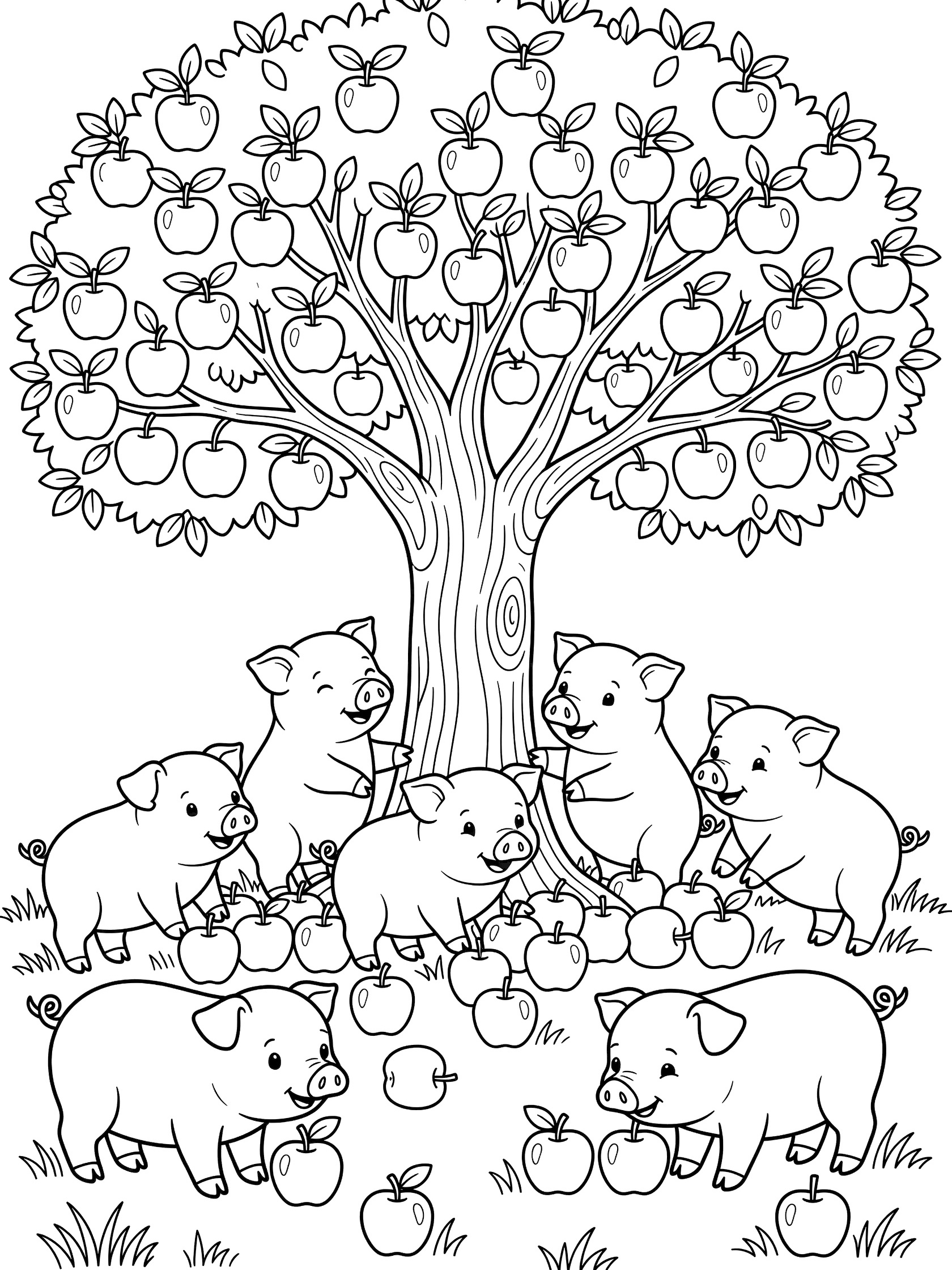 Black and white line art coloring page showing several pigs around a tree trunk picking up and eating fallen apples, with apples on branches and leaves.