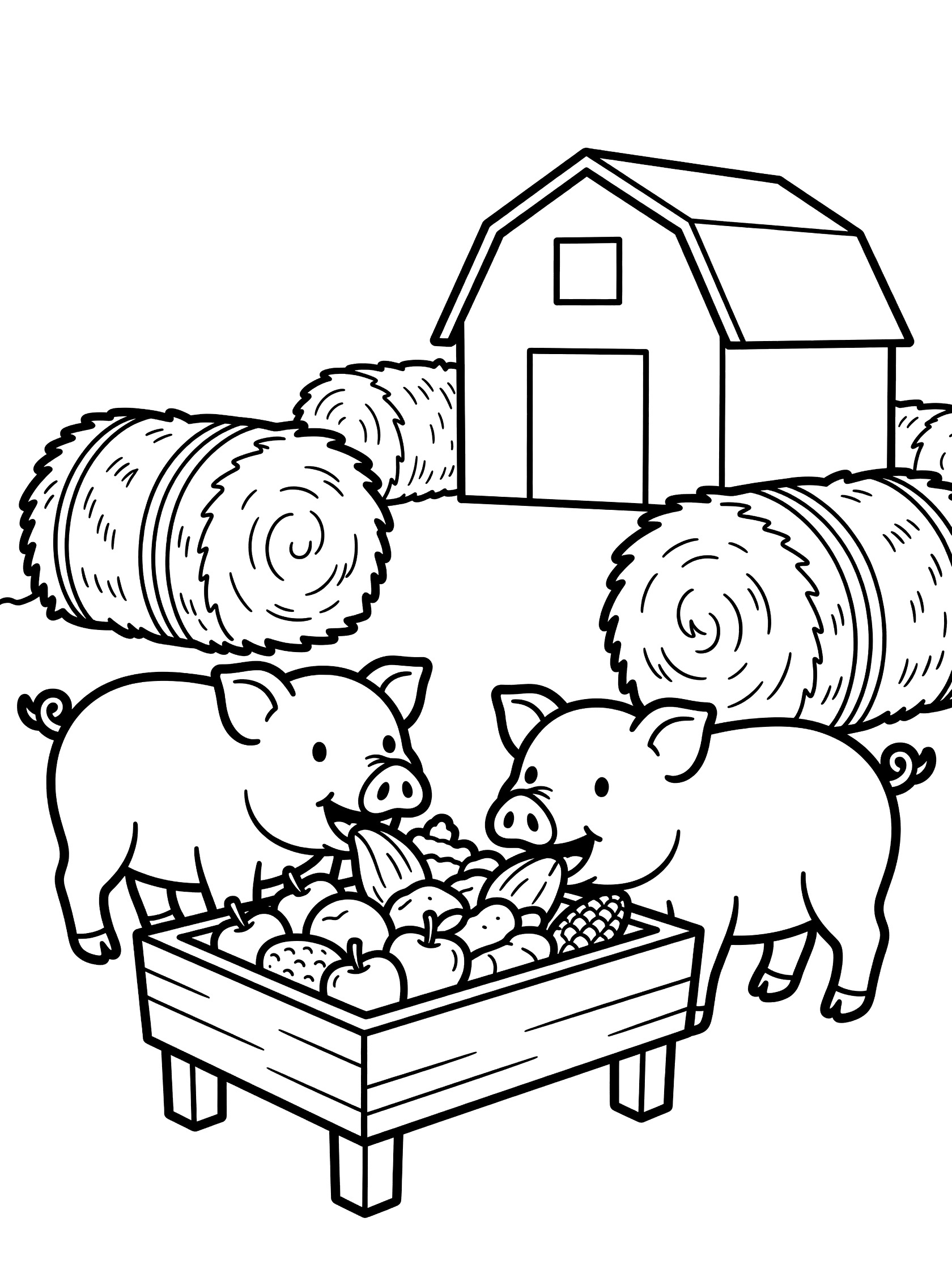 Printable coloring page with two pigs eating corn and apples from a trough, barn and hay bales in the background, clean line art.