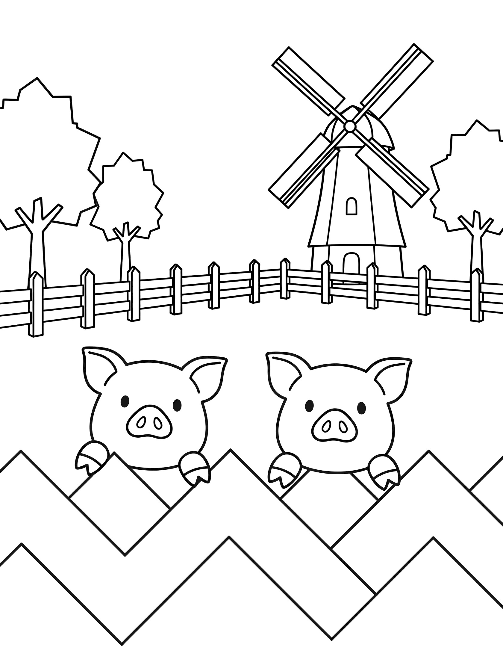 Black and white line art coloring page showing two pigs looking over zigzag wooden fence toward windmill, trees, and farm scene
