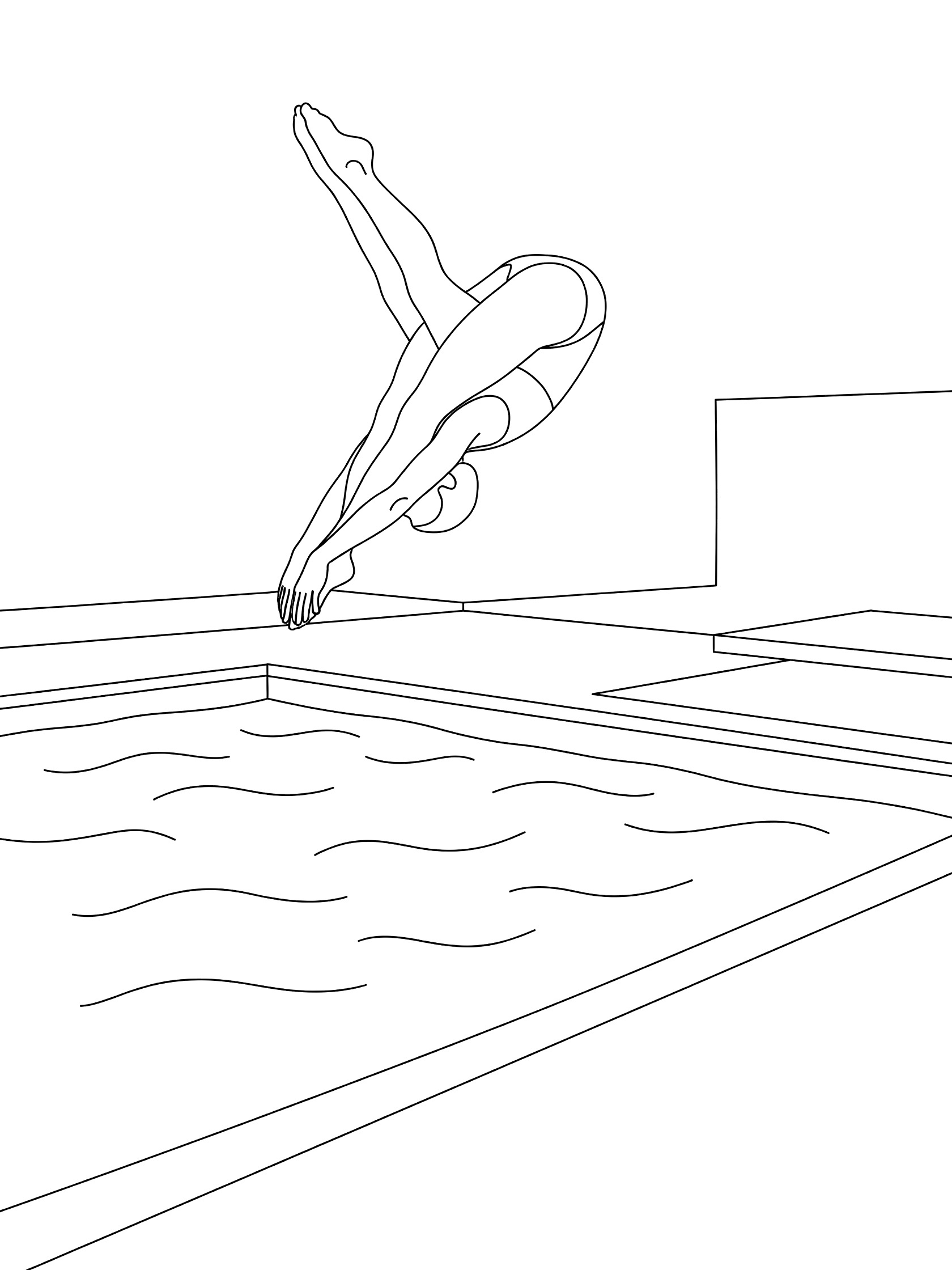 Line drawing of diver in sharp pike position just before water entry in backyard pool, with toes up and arms around legs.