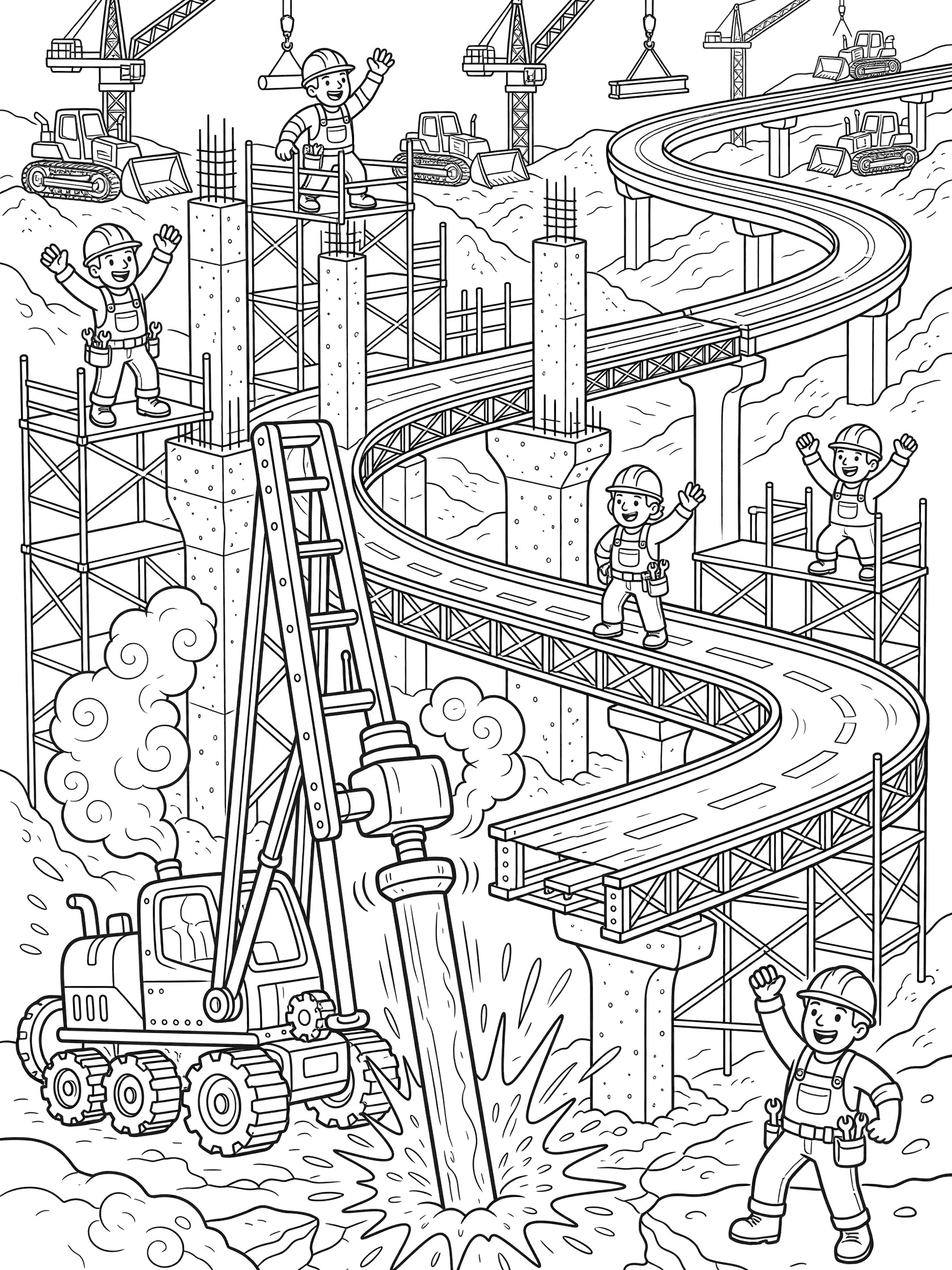 Black and white coloring page of a pile driver machine dynamically hammering a massive steel pile into the ground at a highway overpass construction site with workers cheering from scaffolding, cranes, bulldozers, and snaking highway ramps.