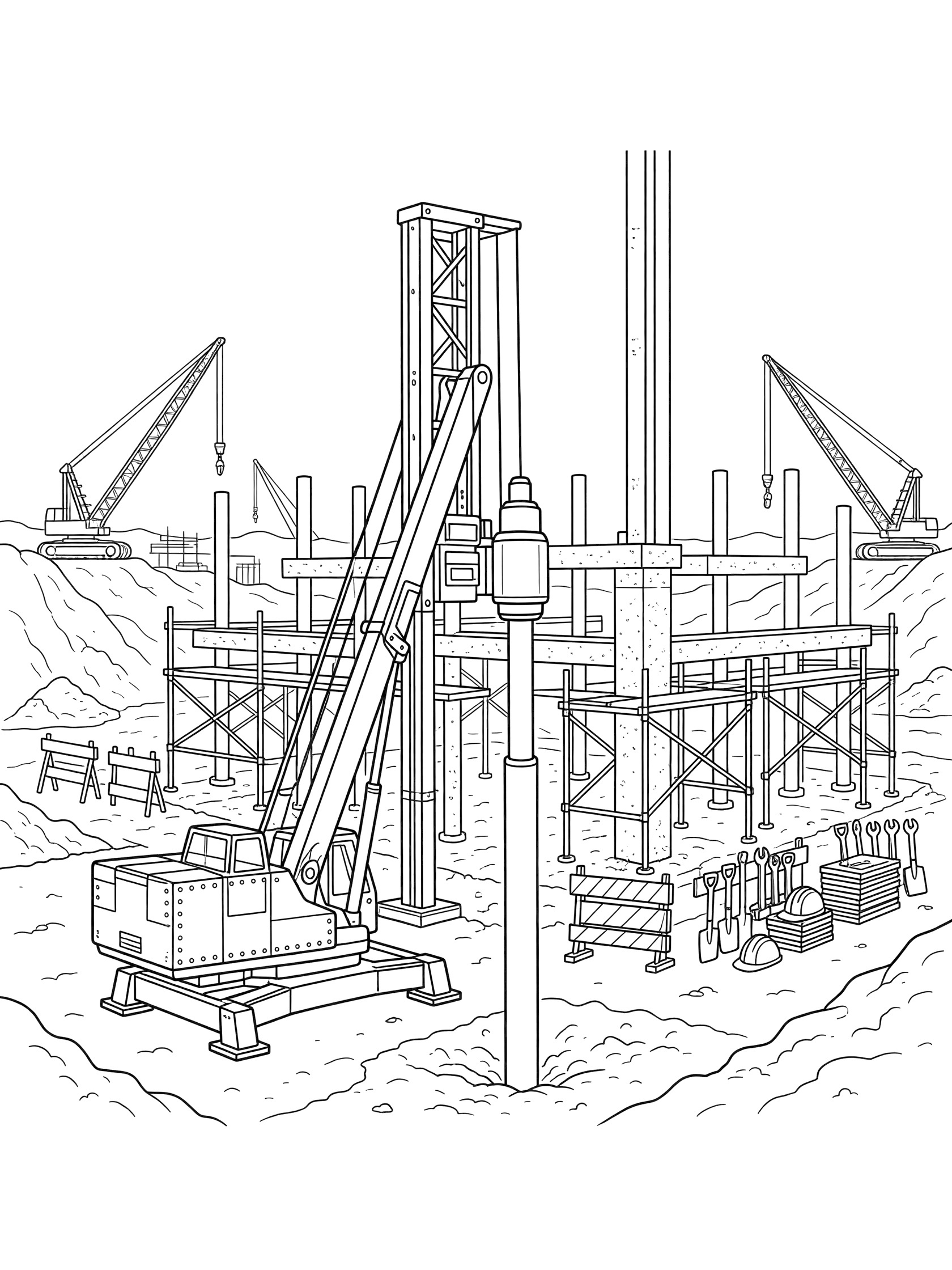 Black-and-white coloring page of a pile driver with raised boom arm driving a steel pile into the ground at a construction site building a tall tower foundation, with cranes and scaffolding.
