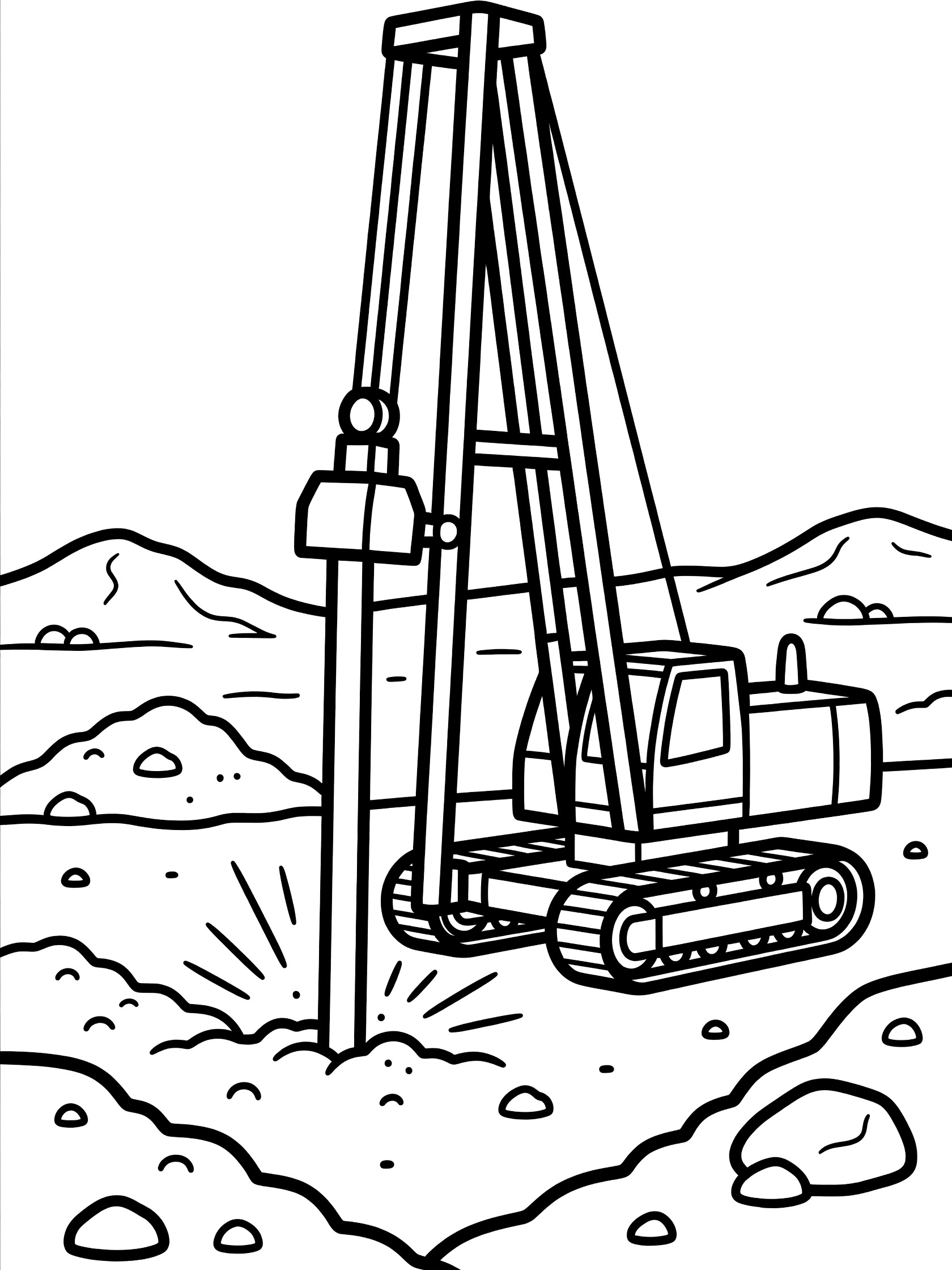 Black and white line art of a tall pile driver crane with hammer driving a long pile into rocky ground, surrounded by dirt piles.