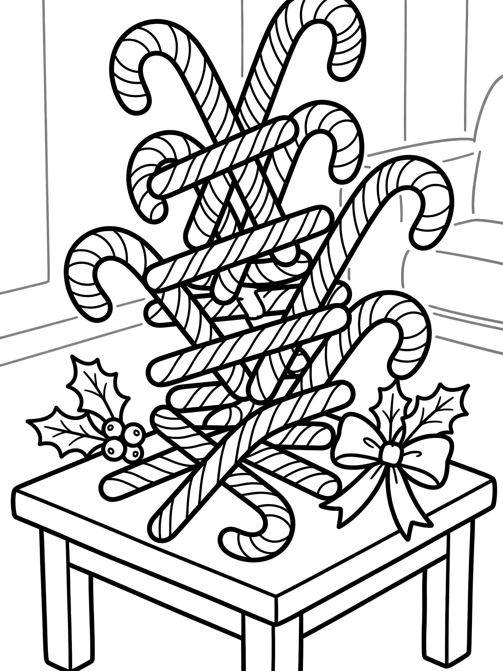 Black and white line art coloring page showing a whimsical pile of curved candy canes stacked on a table with holly sprig and ribbon bow.