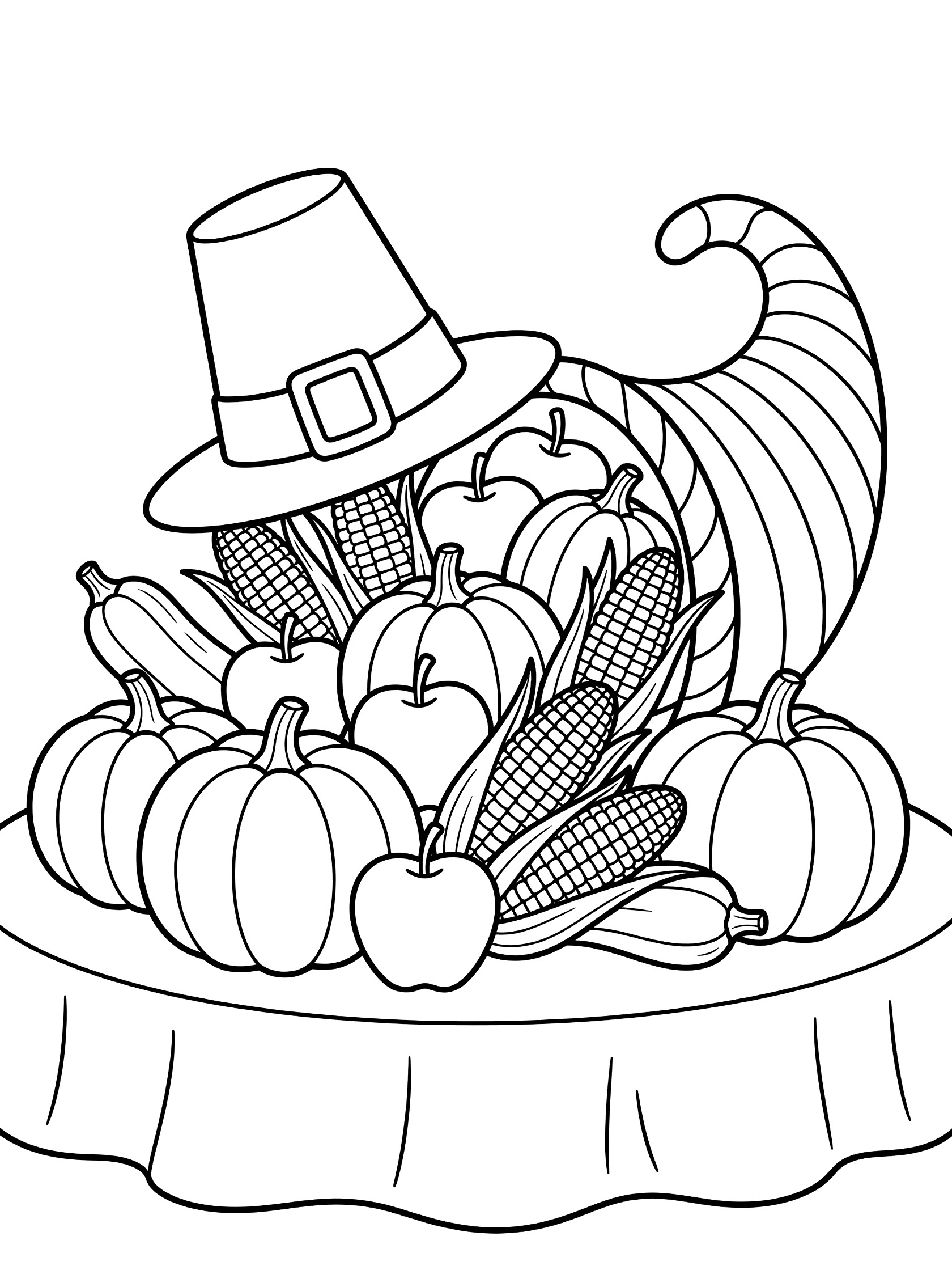 Black and white line art of a pilgrim hat next to a cornucopia overflowing with pumpkins, apples, corn ears, and squash on a tablecloth.
