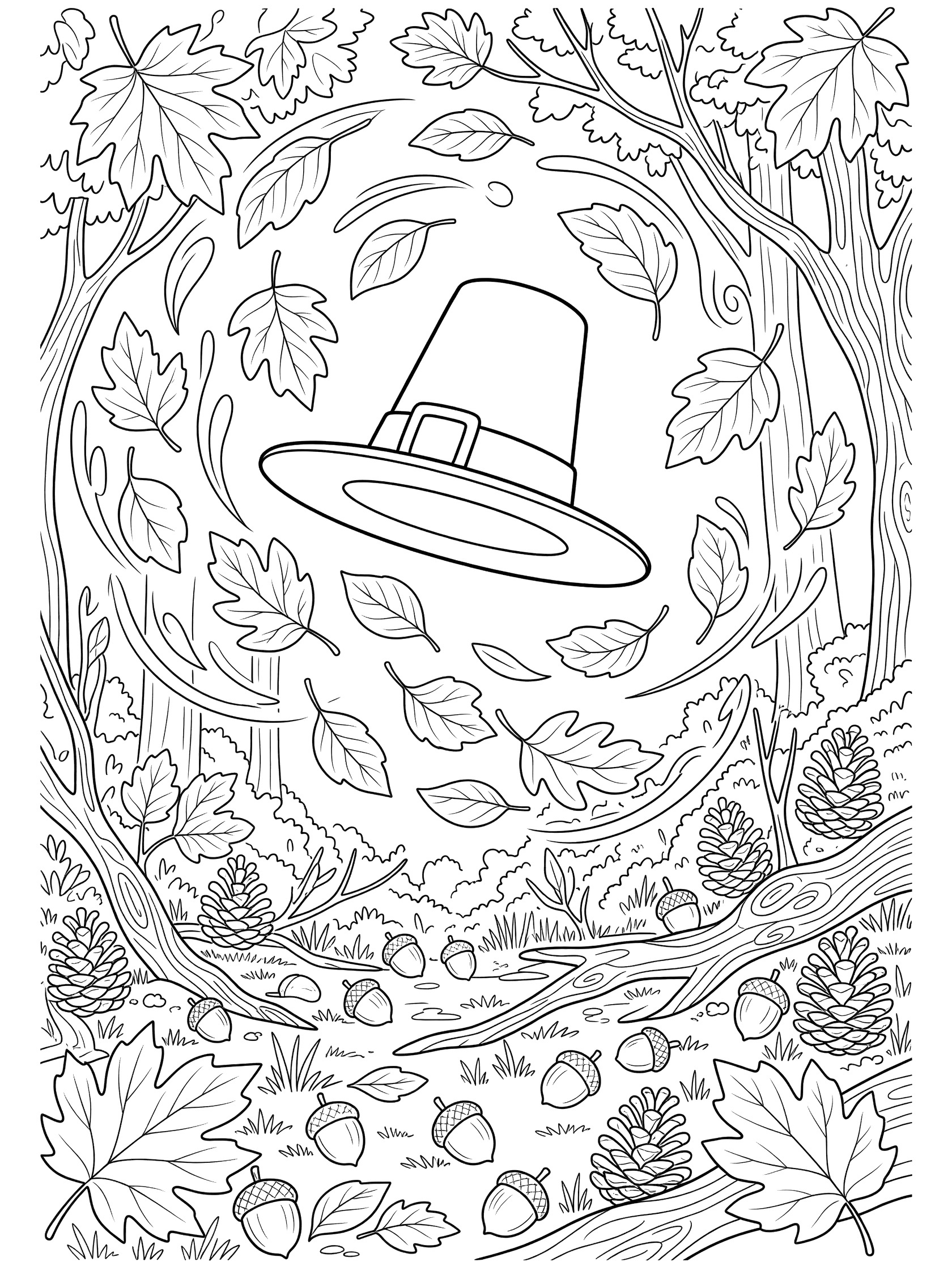 Whimsical pilgrim hat catching falling autumn leaves coloring page with woodland glade, acorns, pinecones, and branches