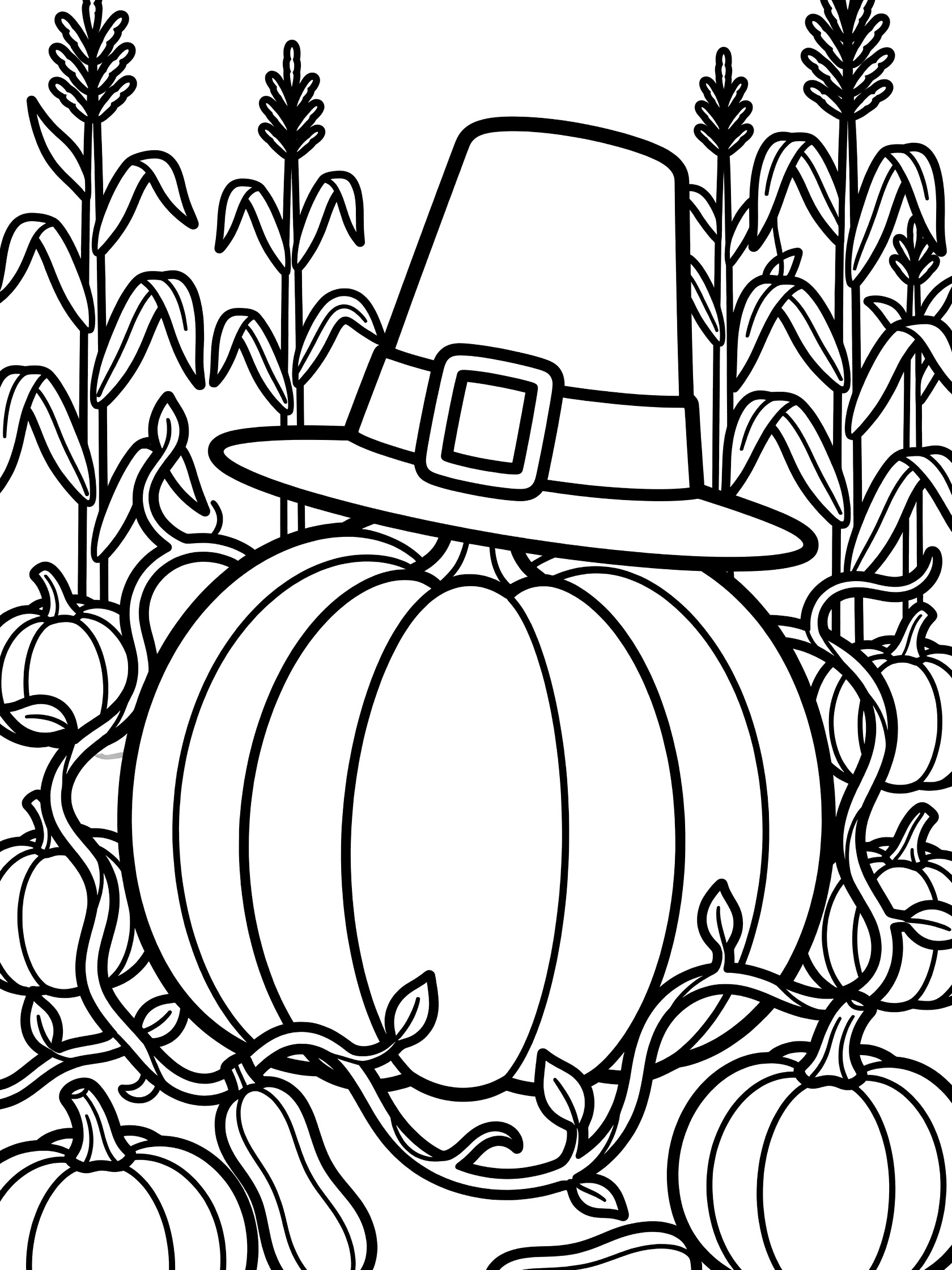 Black-and-white coloring page of a pilgrim hat balanced on a massive pumpkin surrounded by vines, small gourds, and tall cornstalks in a pumpkin patch.