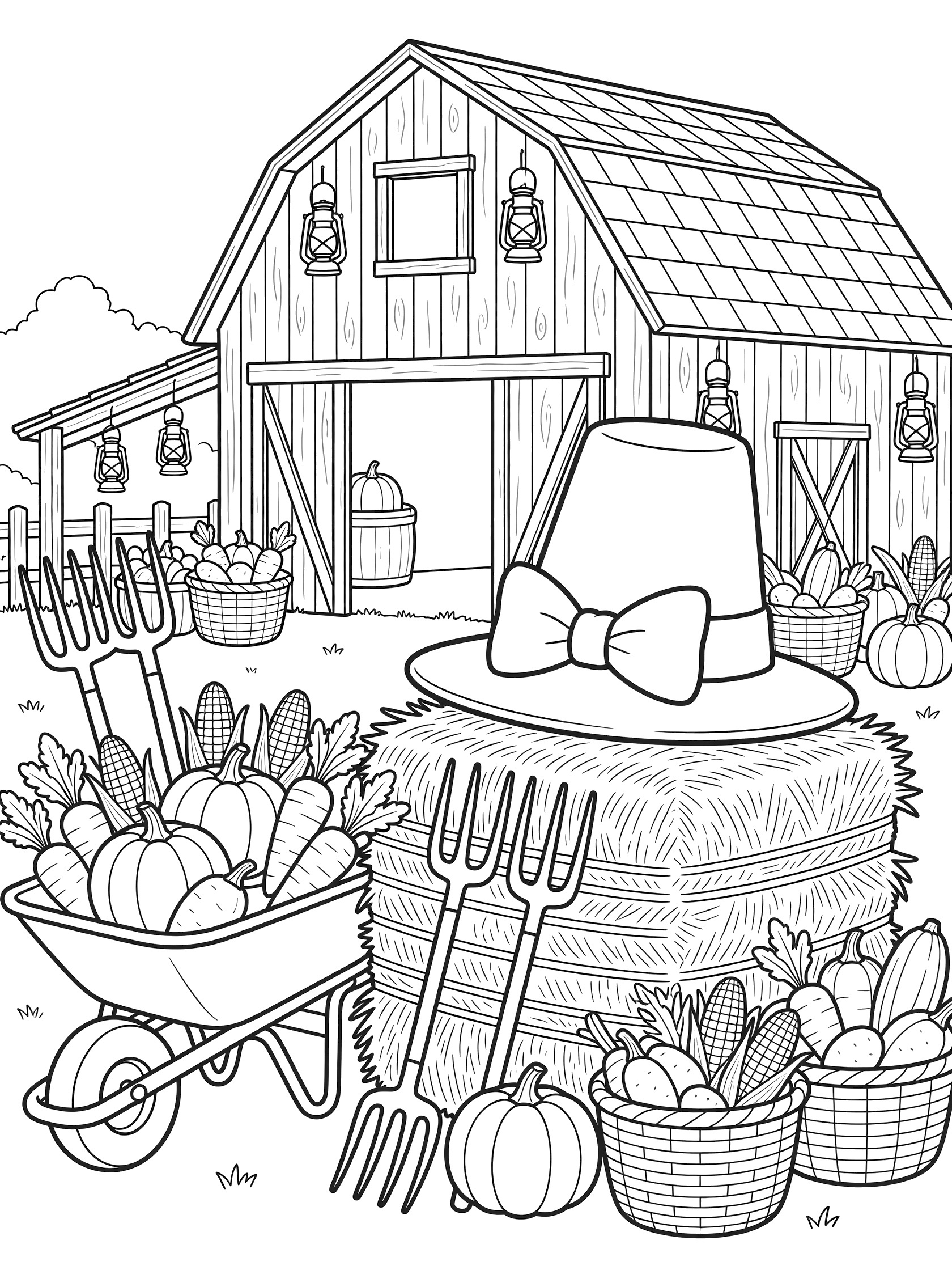 Kawaii pilgrim hat resting on stacked hay bale outside rustic red barn with wheelbarrows, pitchforks, pumpkins, veggies and hanging lanterns coloring page