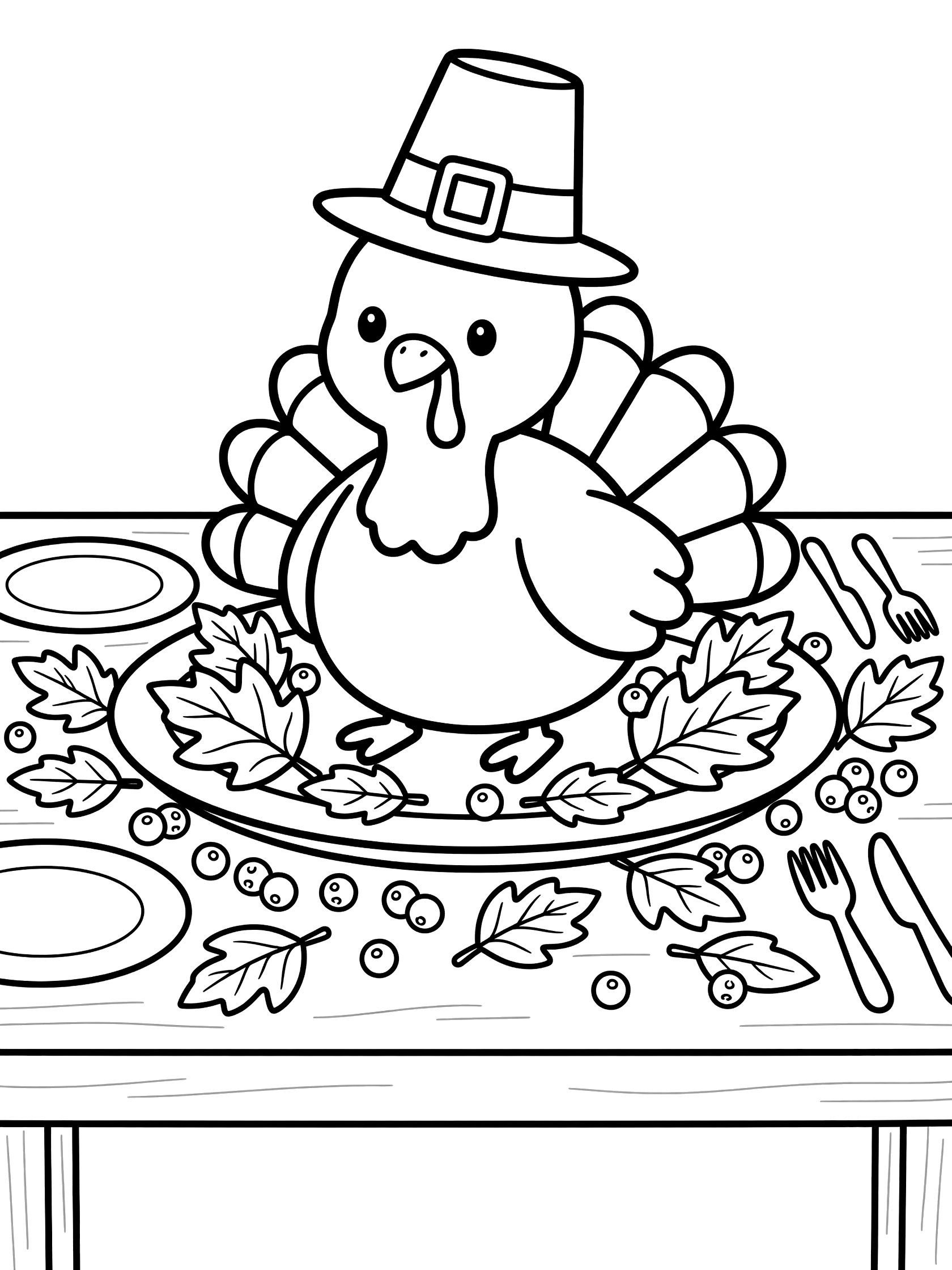 Black-and-white line art of a pilgrim hat topping a cute turkey on a platter with leaves, cranberries, plates, and utensils on a wooden table.
