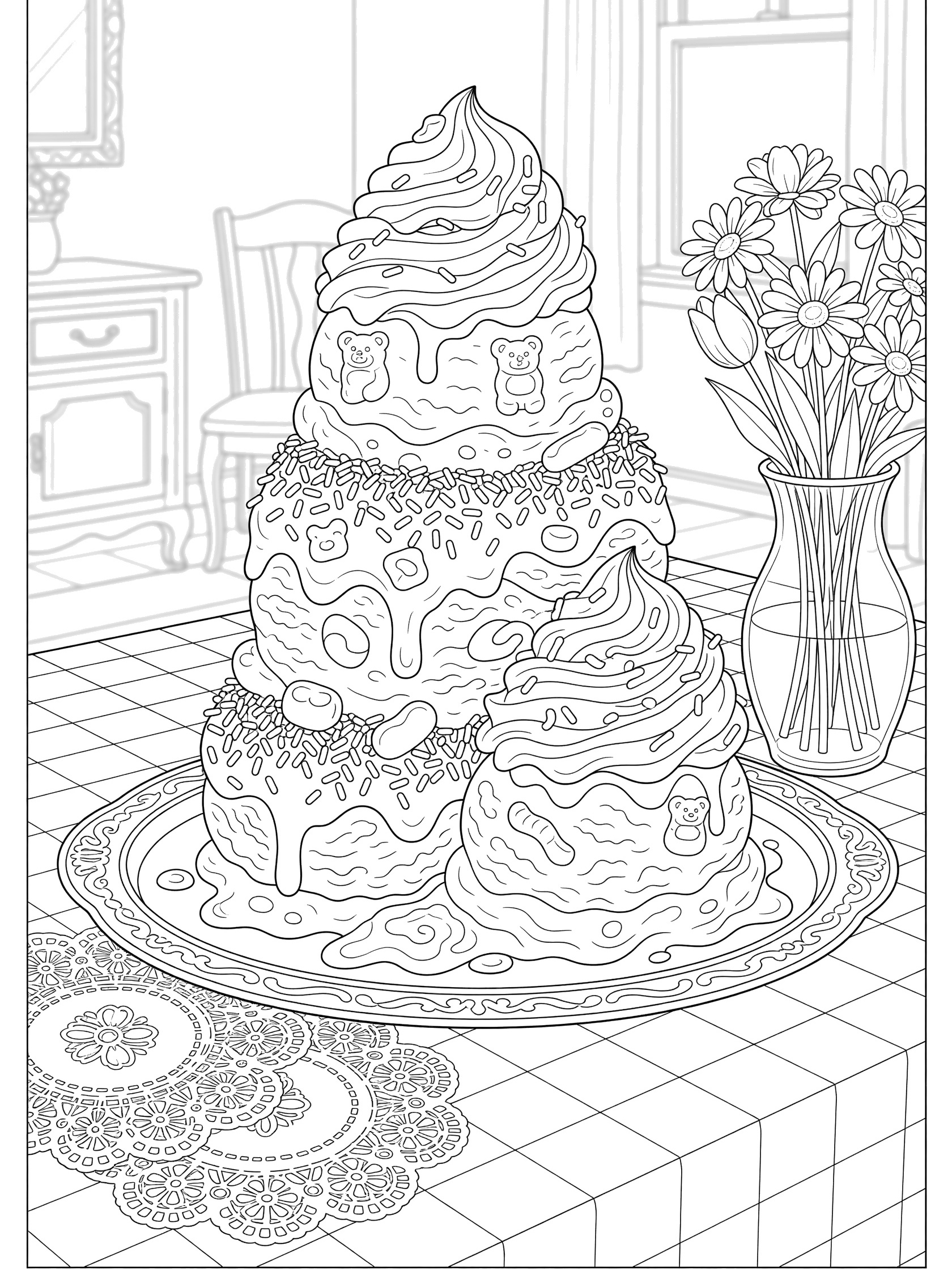Printable coloring page of sundaes overloaded with whipped cream peaks, rainbow sprinkles, and gummy candies stacked on a serving tray in a dining room with flowers and doilies.