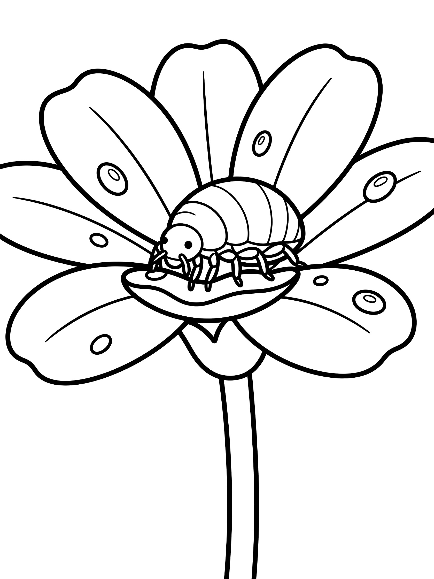 Black and white coloring page showing a segmented pill bug sitting on the petals of a flower with dew drops and a stem. Aphid themed black and white printable line art