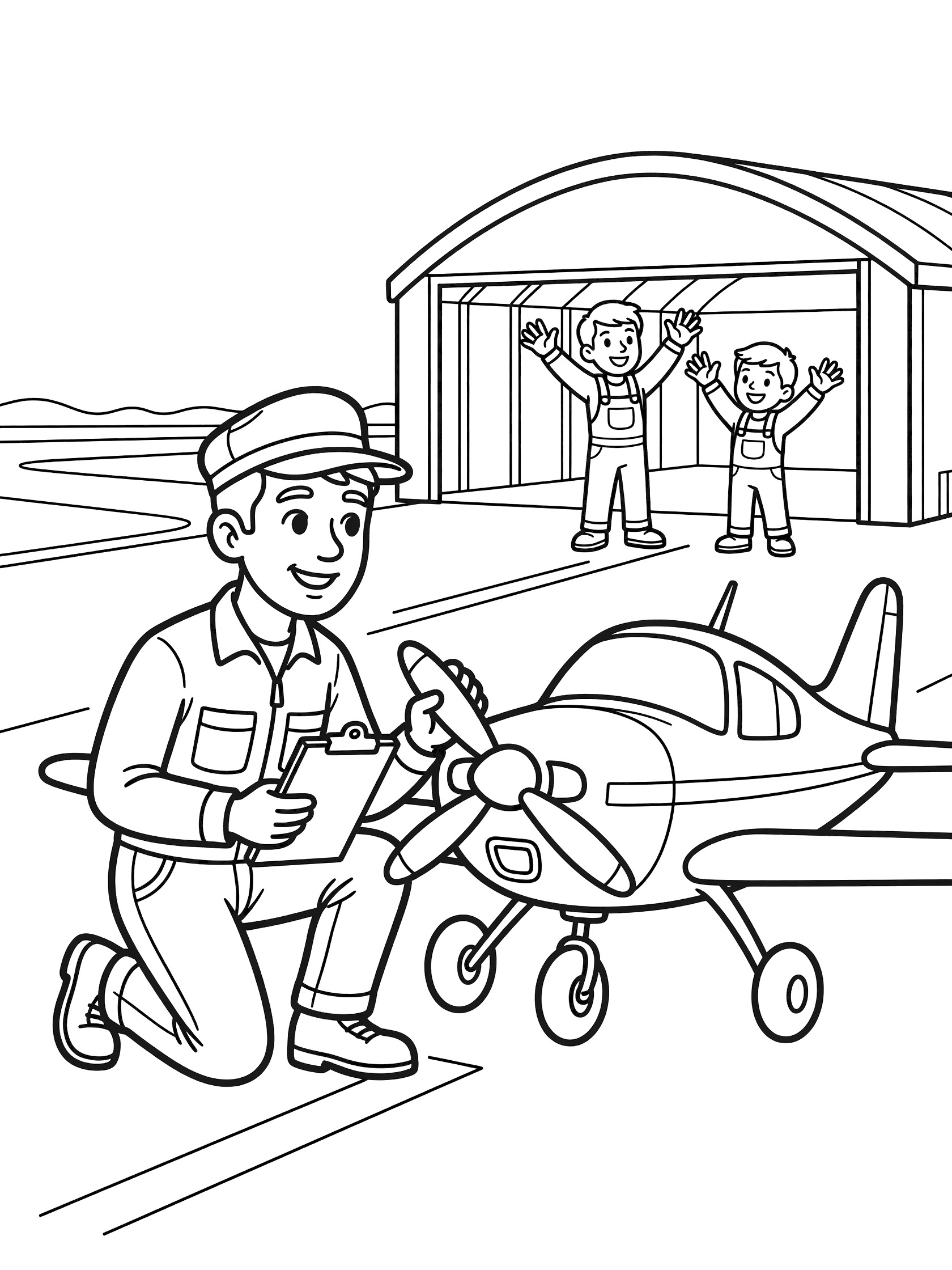 Black and white line art of a pilot in jumpsuit inspecting small airplane propeller and wheels with checklist at airport runway, helpers waving from hangar.