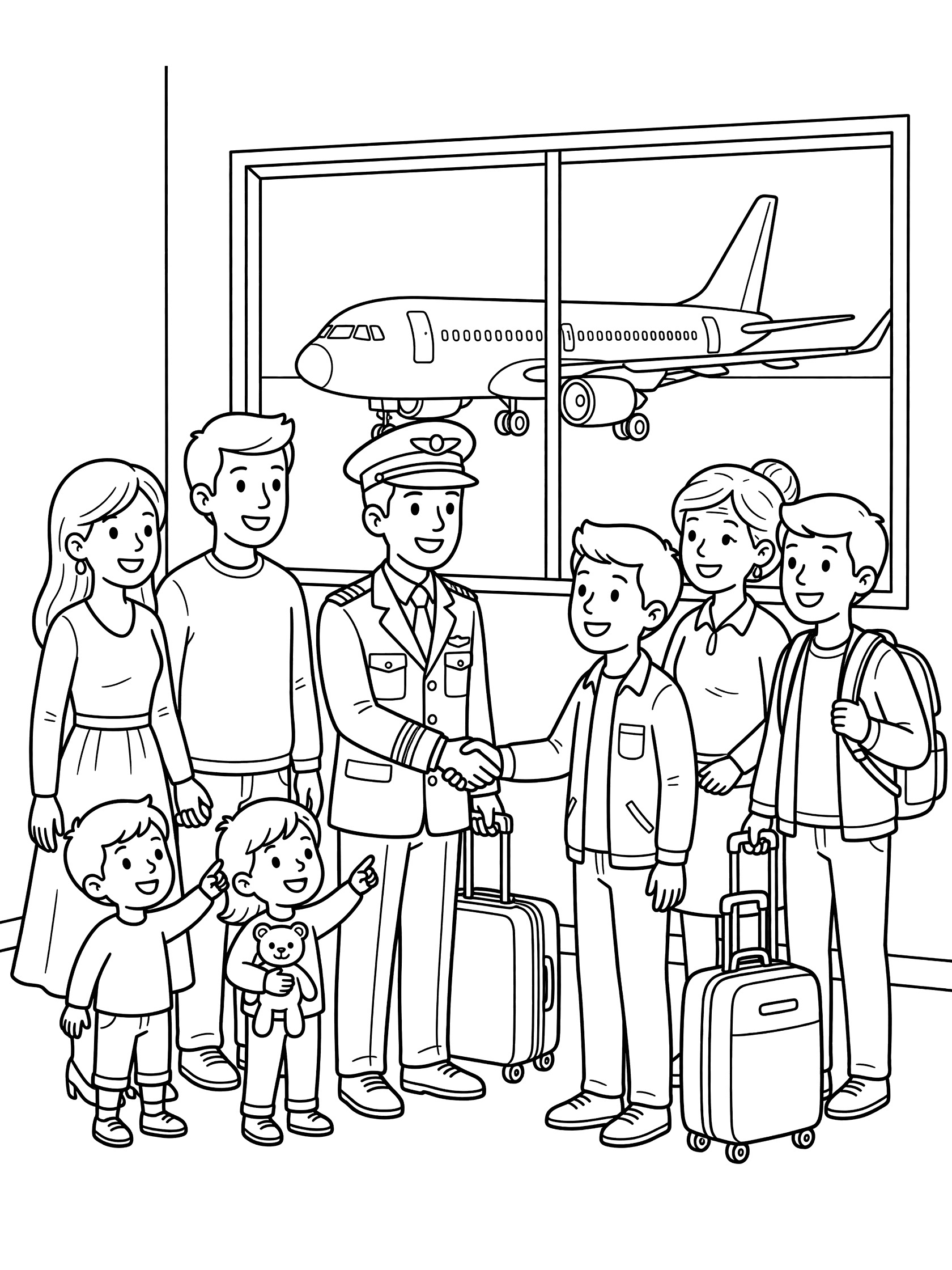 Black-and-white line art coloring page showing a pilot shaking hands with smiling passengers including parents and kids holding luggage at an airport gate with airplane outside the window