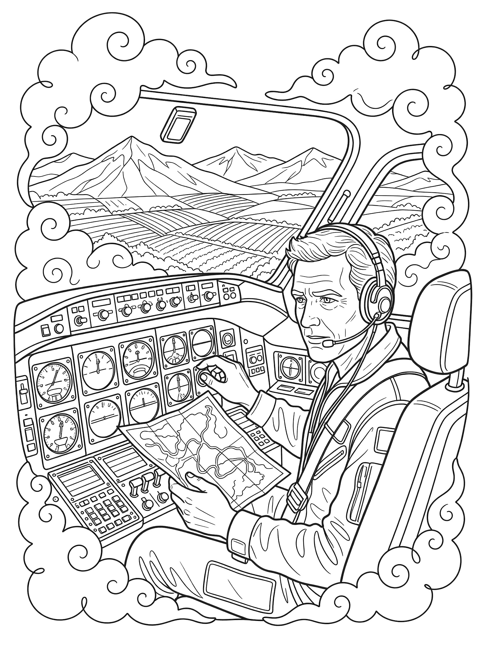 Black and white line art of a pilot in cockpit adjusting dials, reading a map, with headset, surrounded by swirly clouds and window view of mountains and fields.