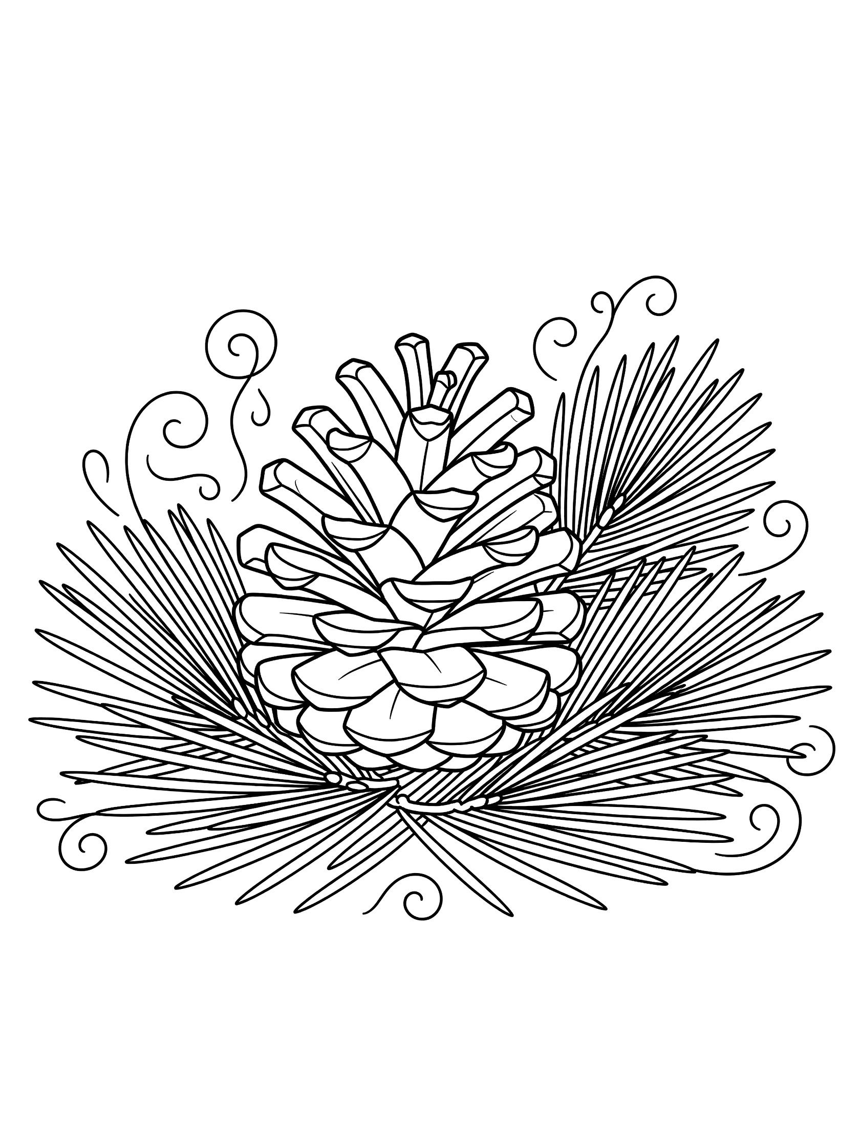Black and white line art coloring page showing a detailed pine cone among scattered pine needles and whimsical swirls at the base.