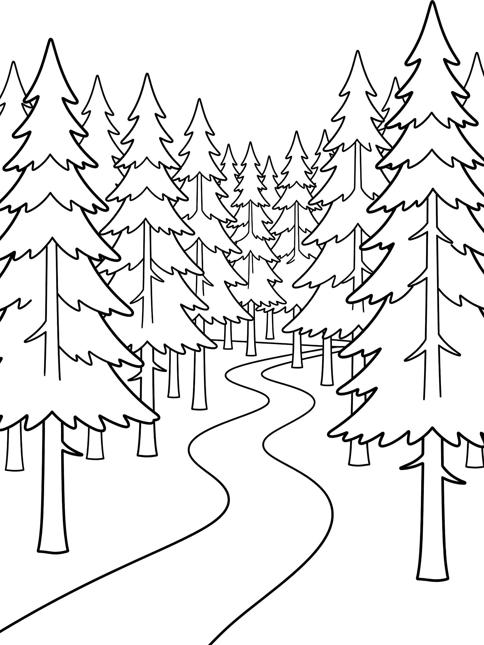 Black and white line art of a winding dirt path snaking through dense pine trees with triangular branches, fading into the background.