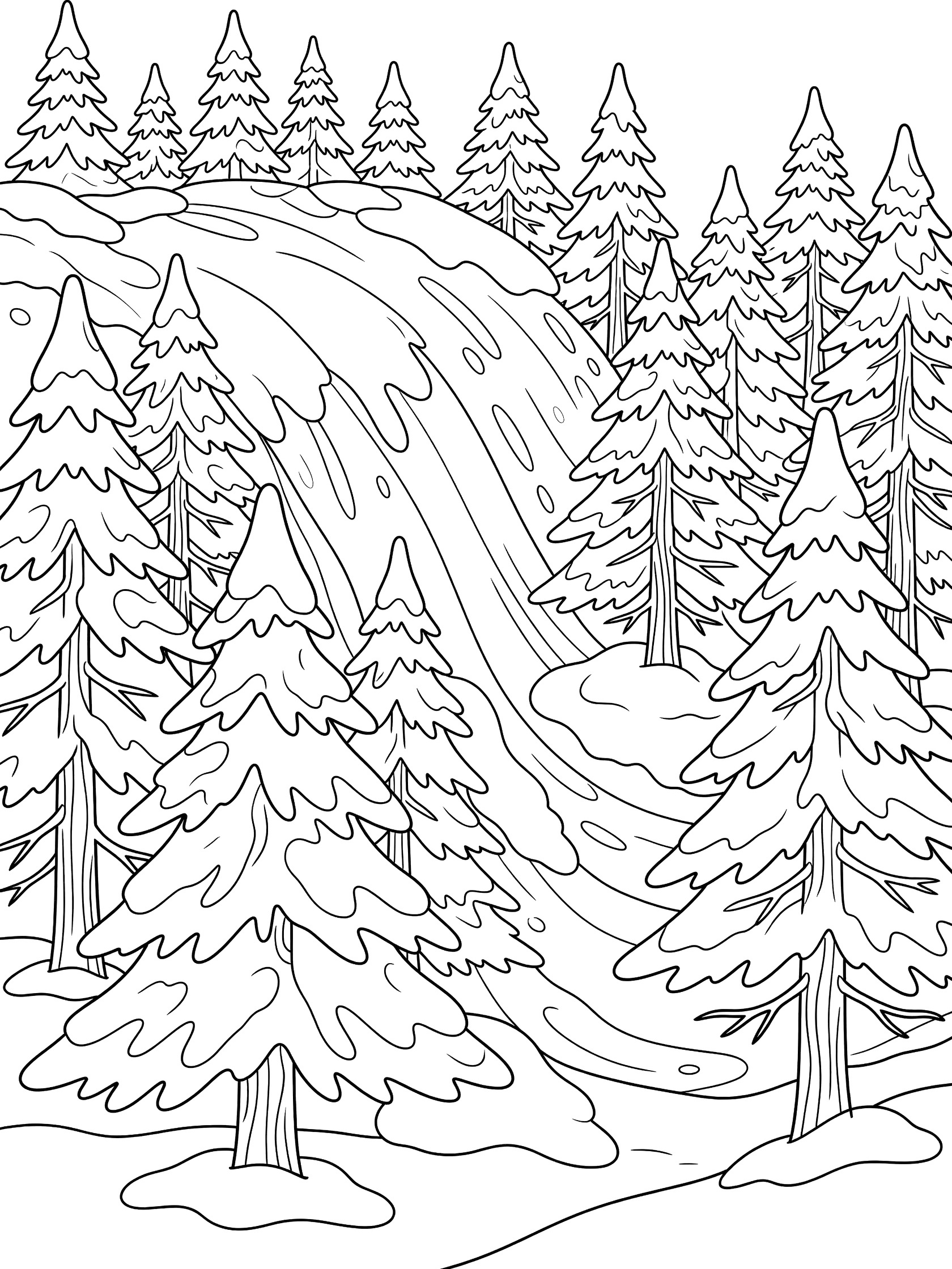 Black and white line art coloring page showing a forest of pine trees with a tall waterfall flowing down rocks into a pool at the bottom. Avalanche themed black and white printable line art