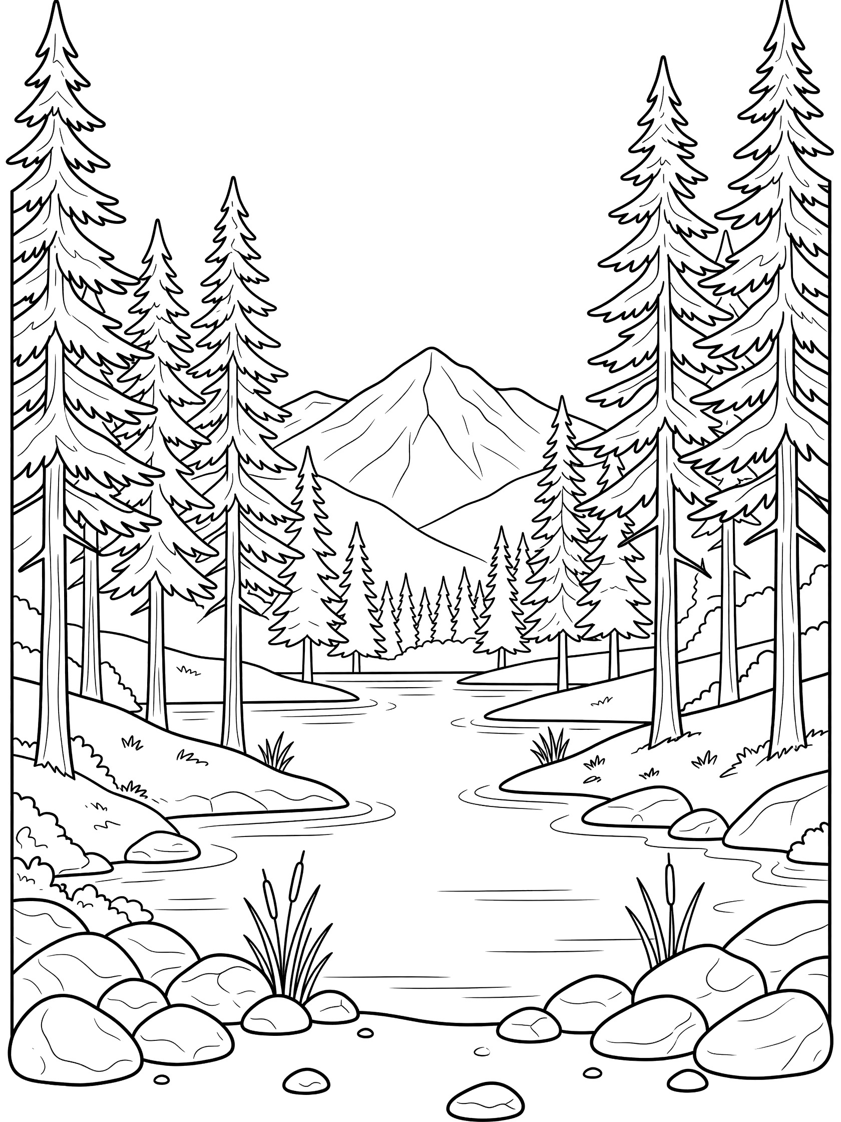 Black and white line art coloring page showing tall pine trees framing a serene river with smooth rocks and reeds on the shores, and a tall mountain peak in the distance. Mountain Lakes themed black and white printable line art