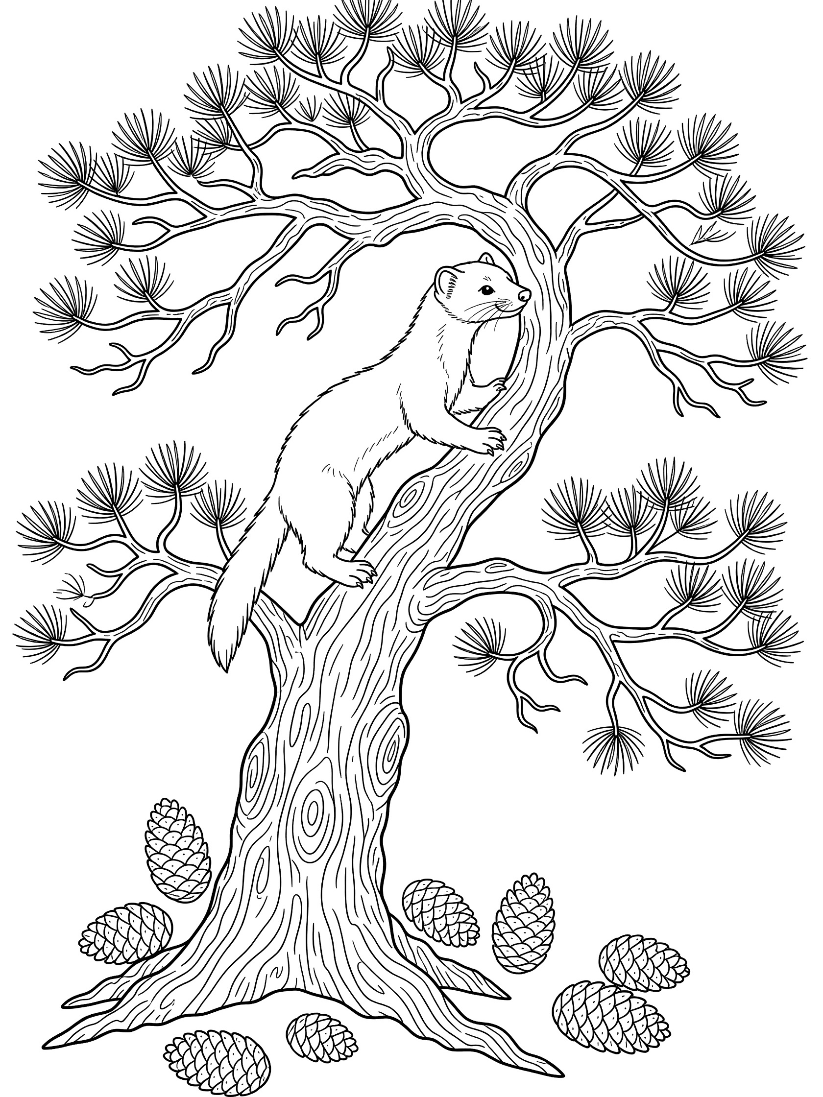 Black and white line art coloring page showing a pine marten gripping a pine tree trunk with branches and pinecones on the ground.