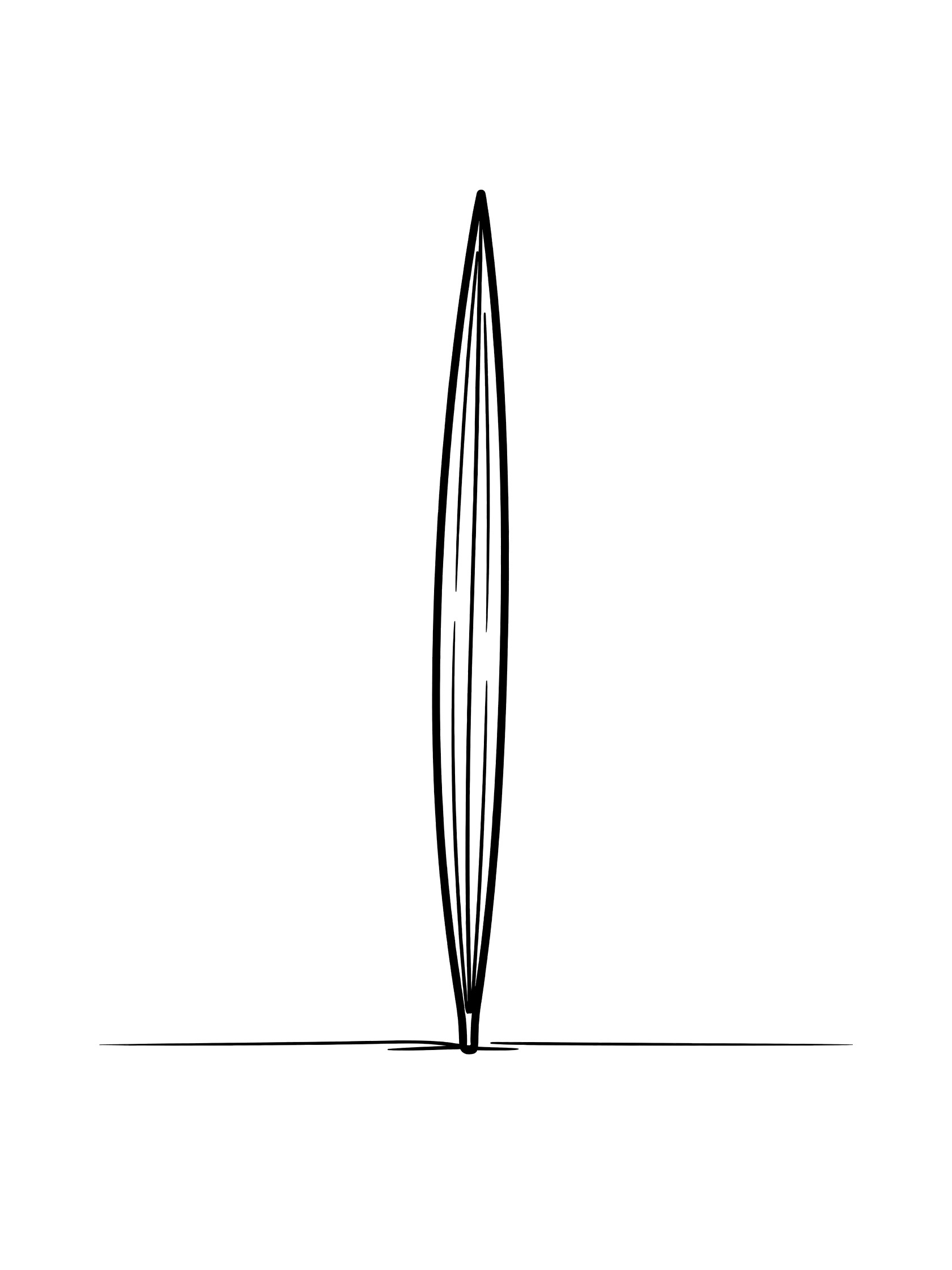 Black and white line art of a single straight pine needle with pointed tip and vein lines, centered on plain ground, coloring page for kids
