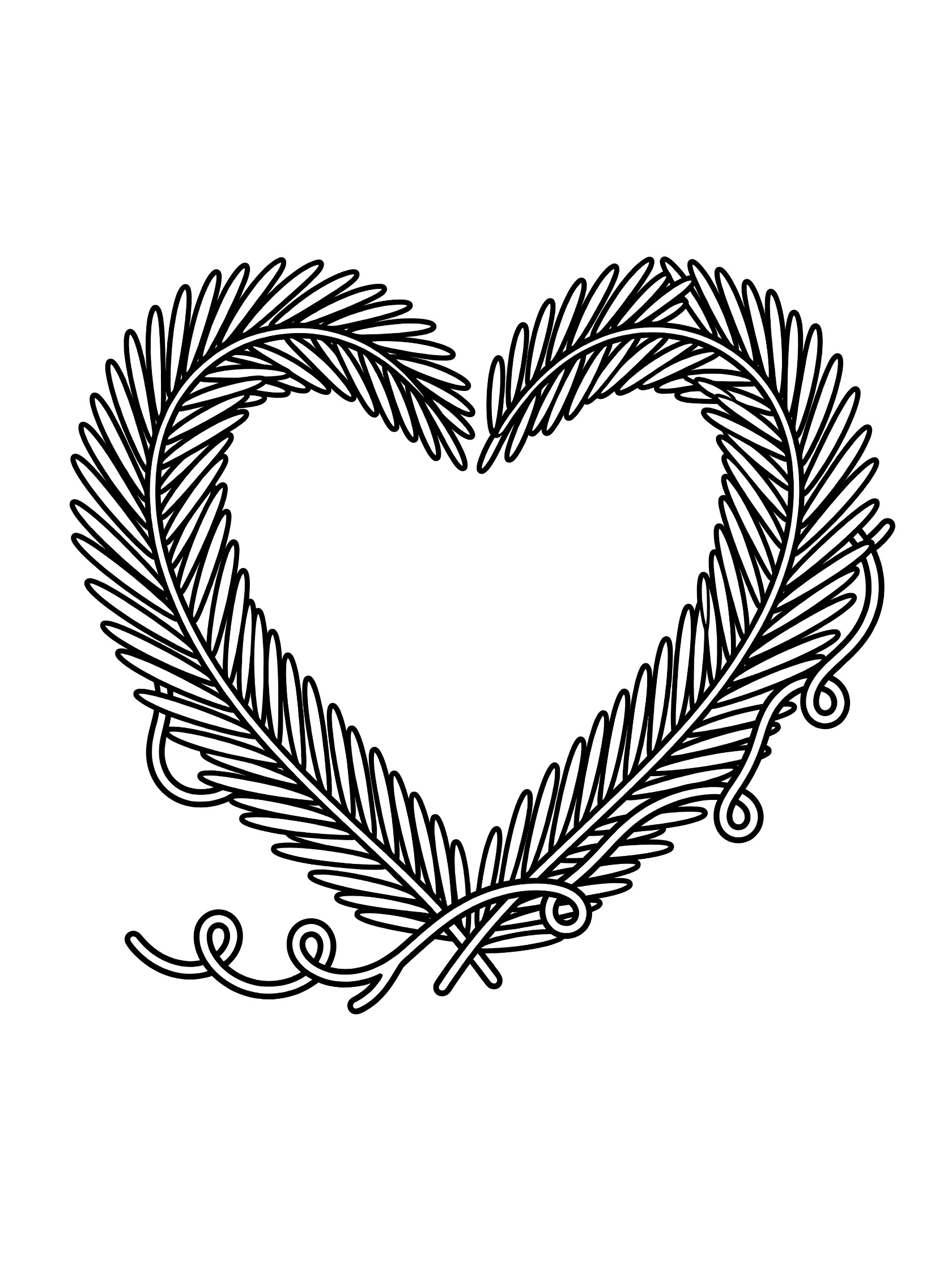 Black and white coloring page showing a heart shape formed by pine needles with curly vines tying it together