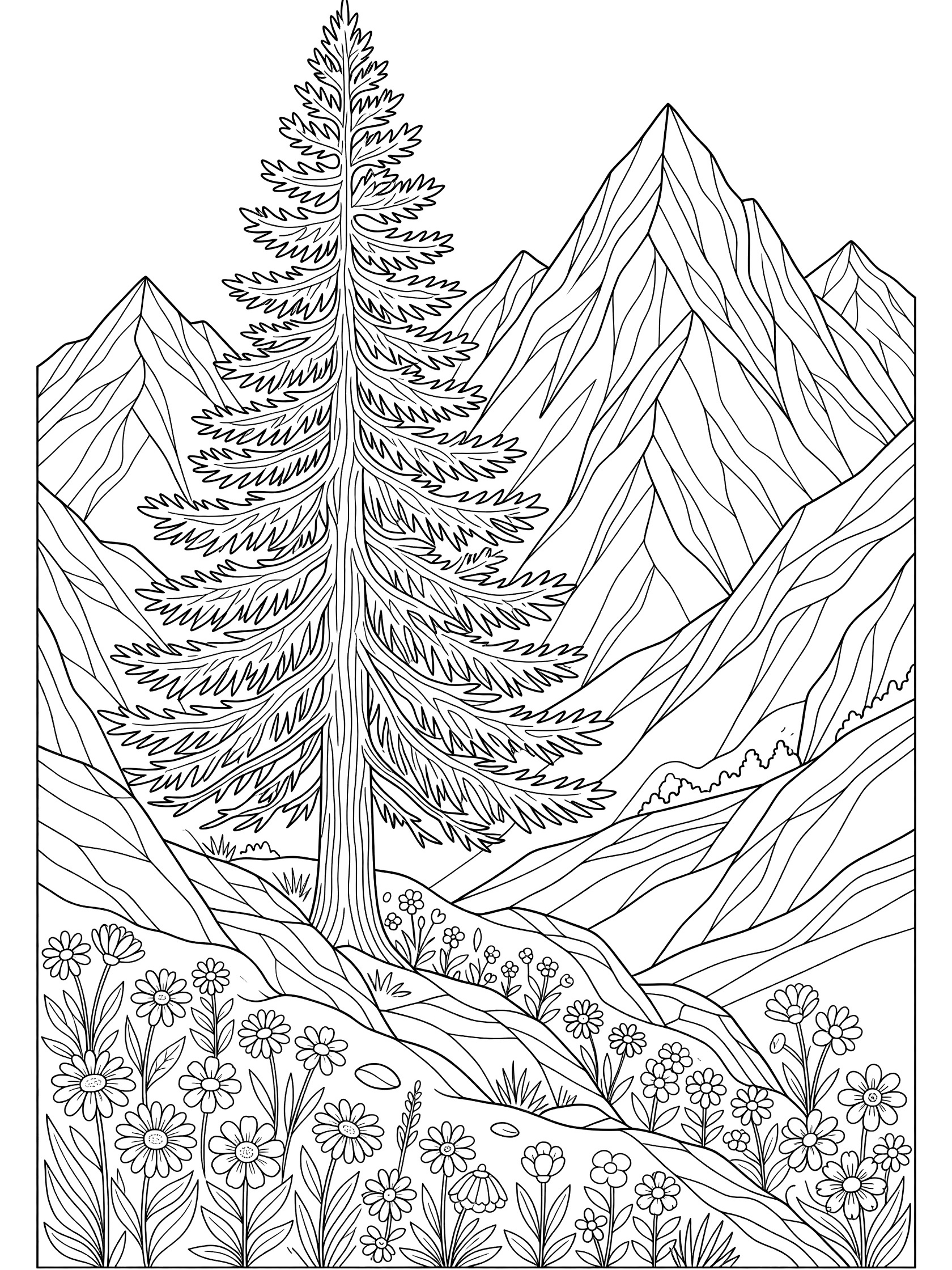 Black and white line art coloring page showing a sturdy pine tree growing on a steep mountain slope with pointy mountain peaks behind and clusters of wildflowers around the base. Fir Tree themed black and white printable line art