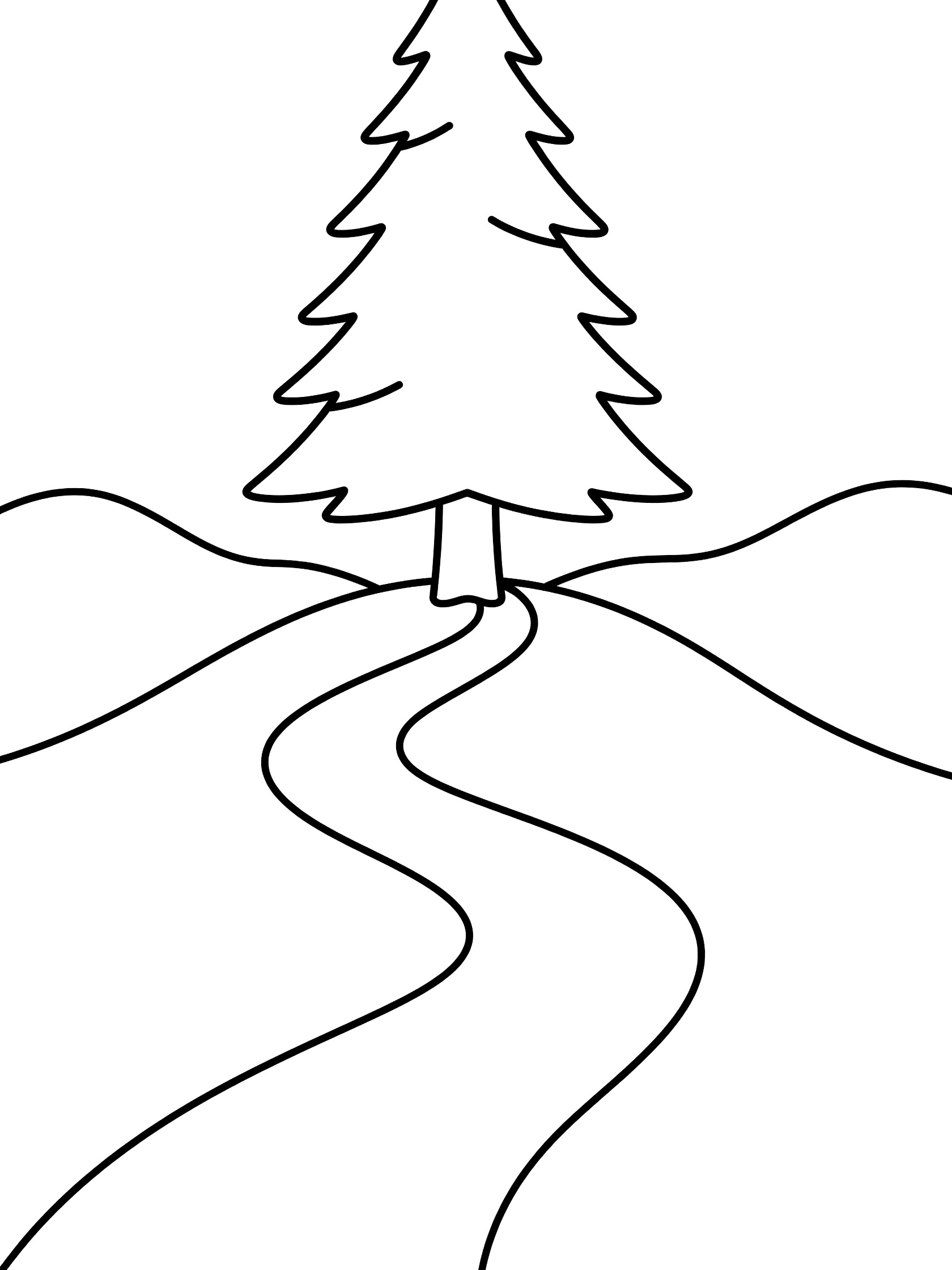 Black and white line art coloring page showing a pine tree standing on a hill with a curving path leading up to it and simple wavy hills behind. Spruce Tree themed black and white printable line art
