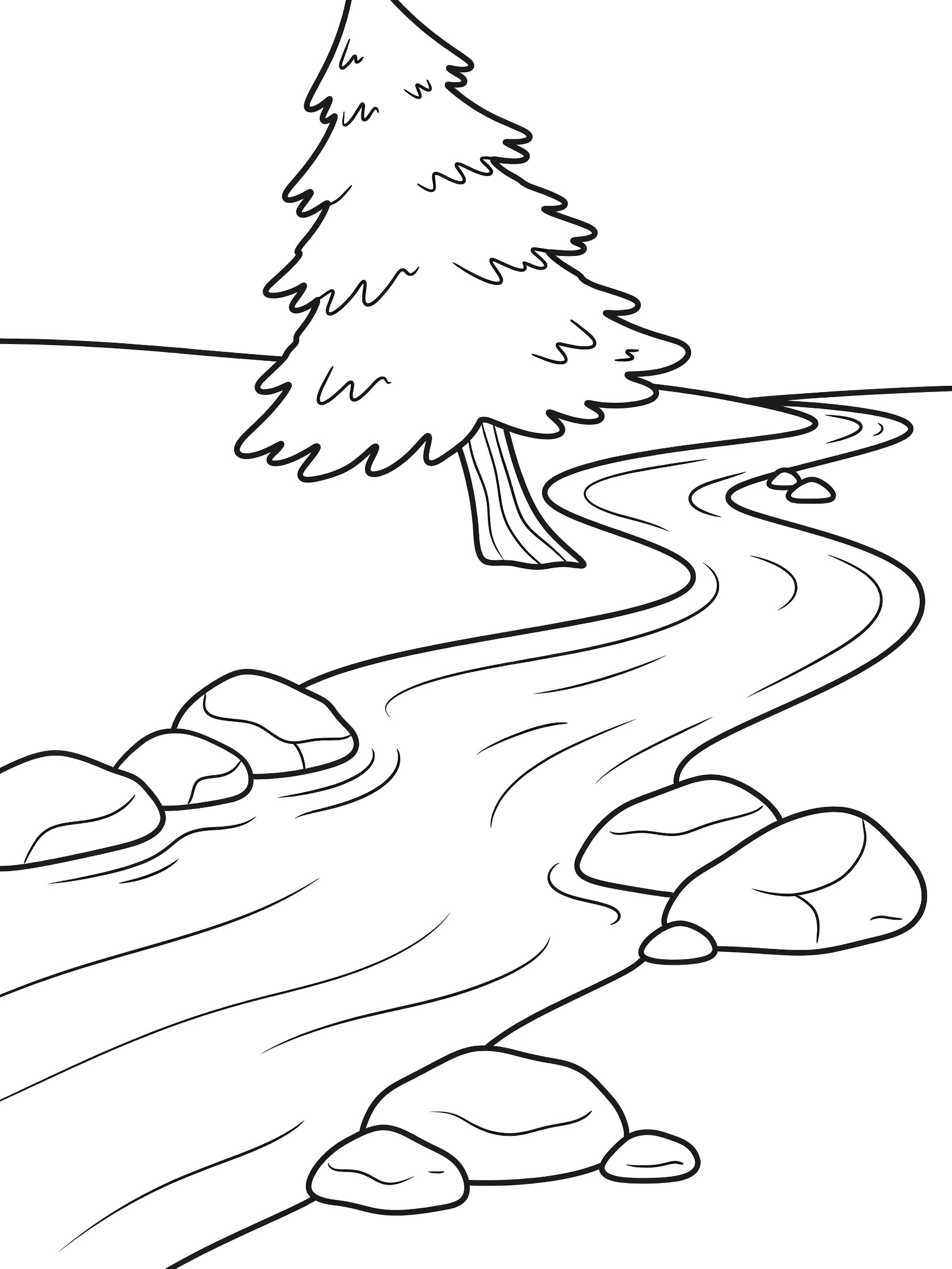 Black and white line art coloring page showing a tall pine tree leaning over a curving river with wavy lines and round rocks along the bank.