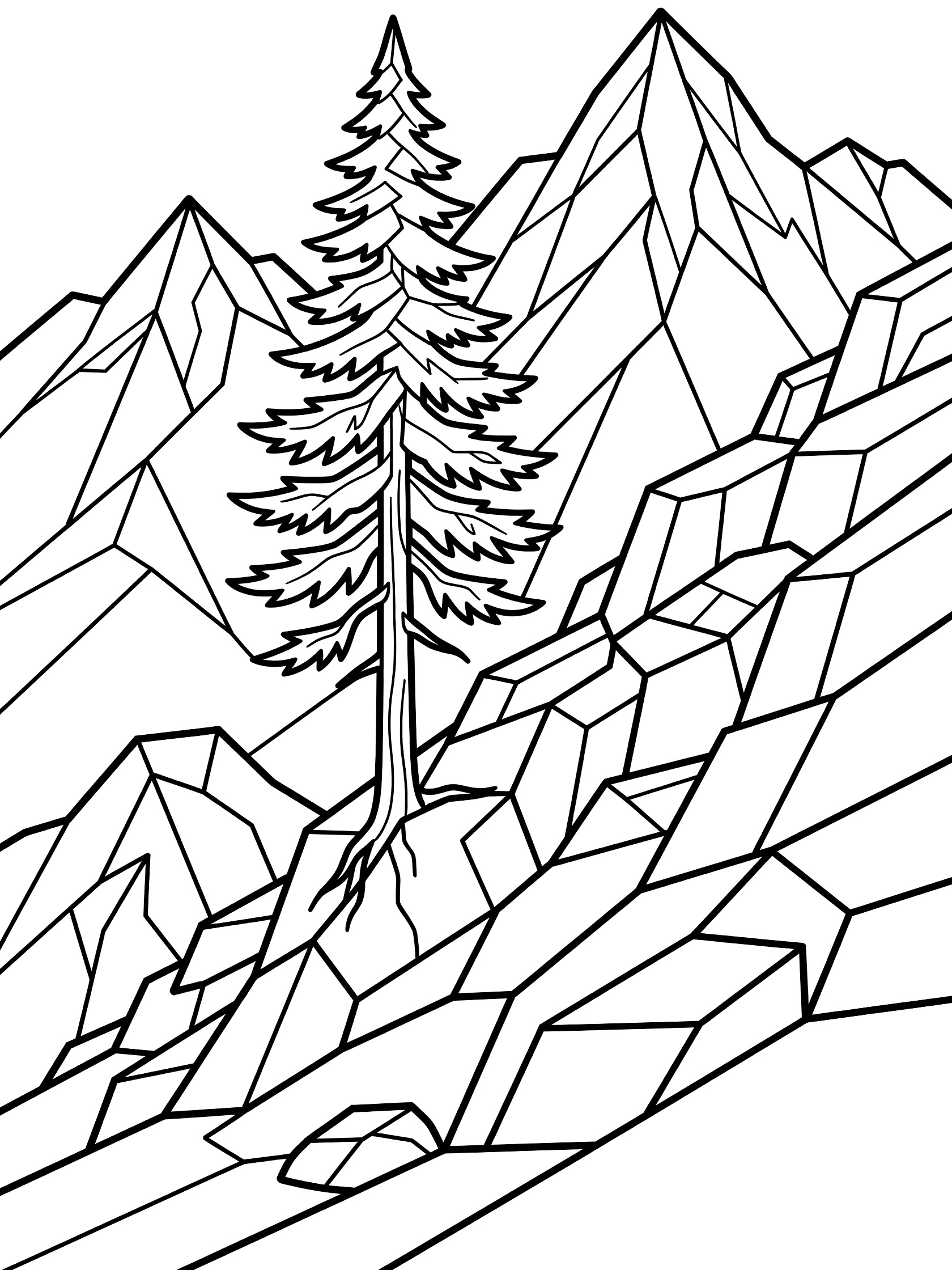 Black and white coloring page of a single pine tree growing on a steep geometric rocky mountain with tall jagged peaks in the background