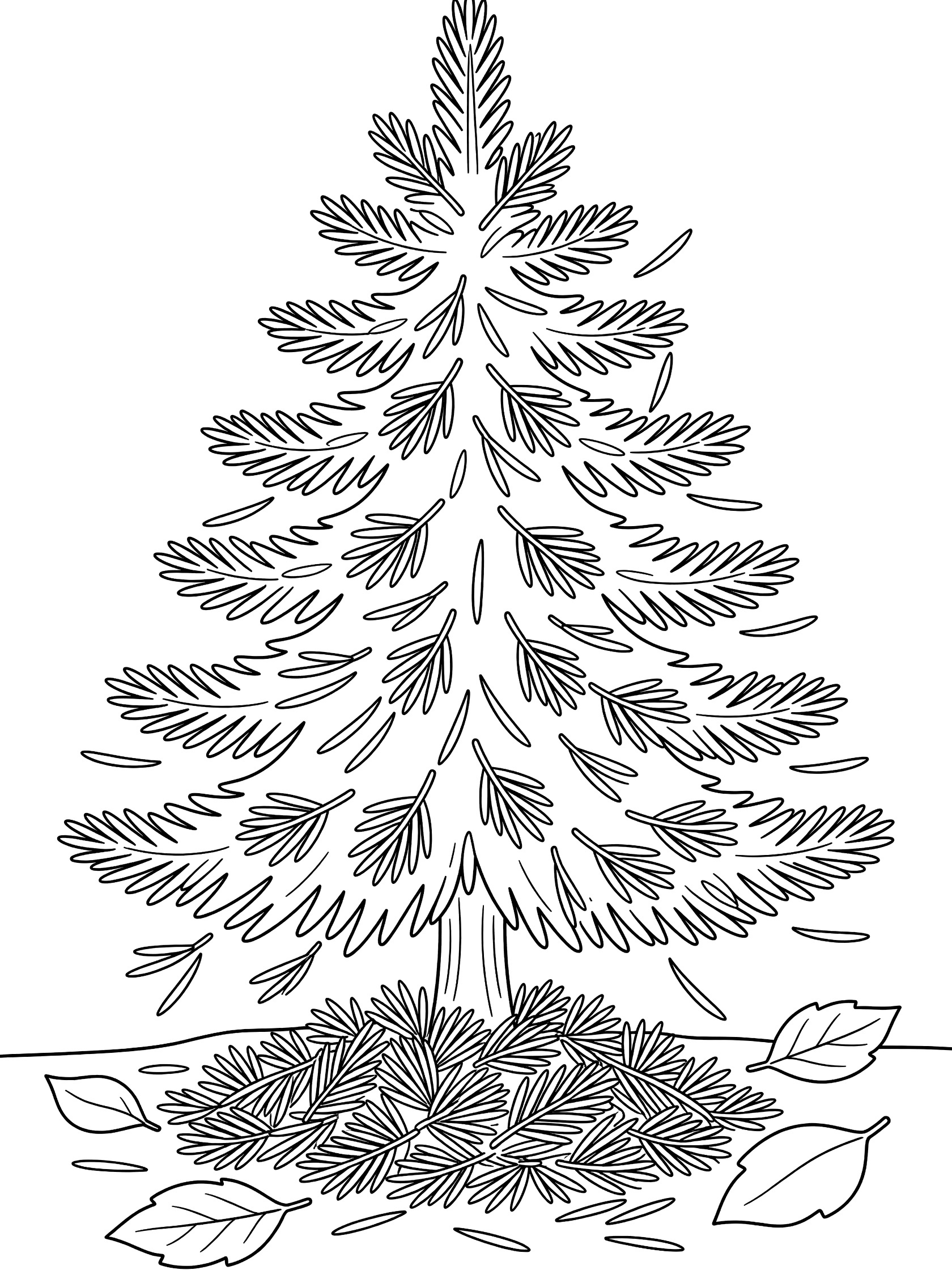 Black and white line art coloring page showing a tall pine tree with needles falling off, a pile of needles on the ground, and simple leaves around it. Fir Tree themed black and white printable line art