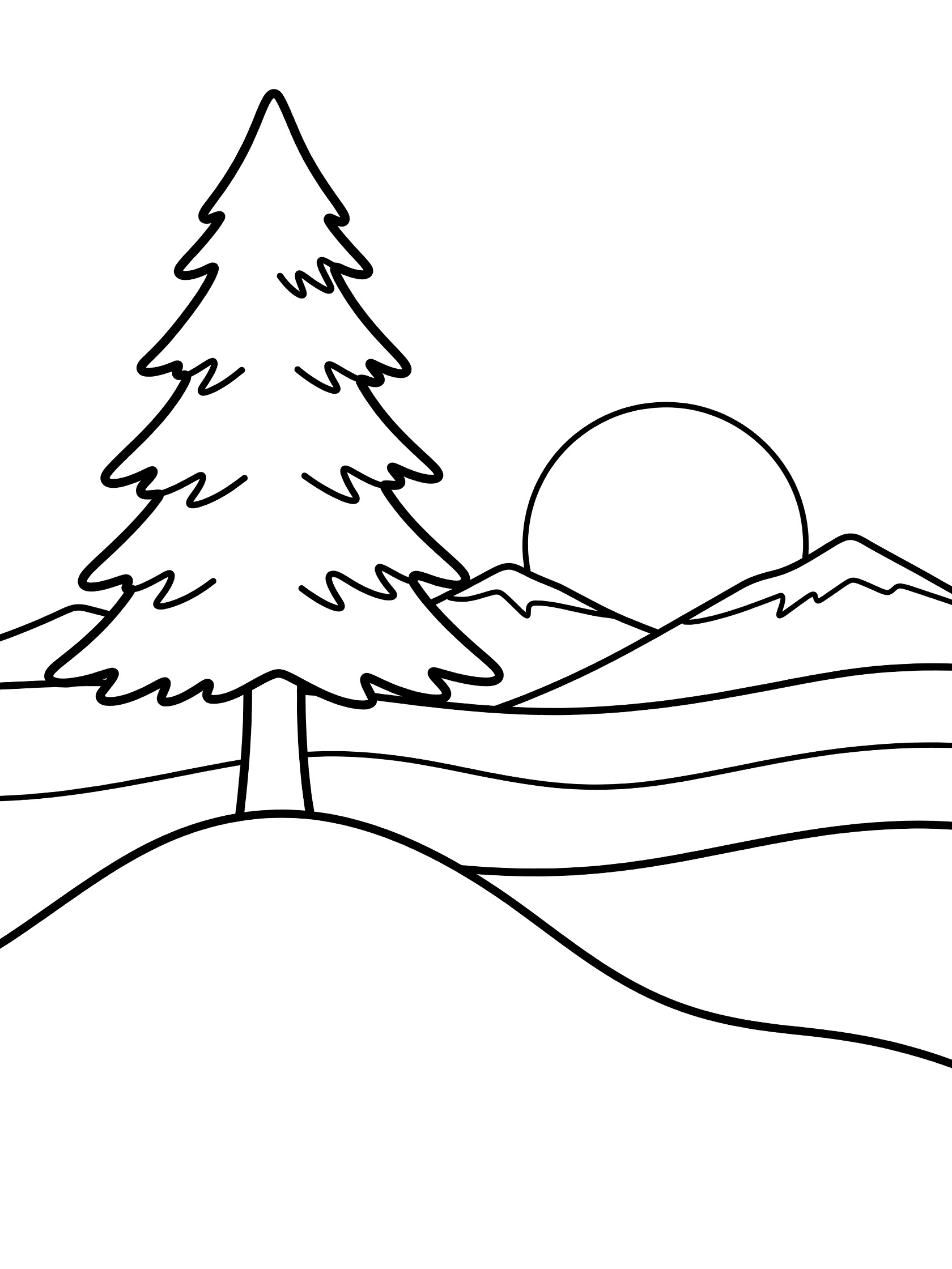 Black and white line art coloring page showing a pine tree on a rounded hill with a large sun dipping behind distant mountains and wavy ground lines.