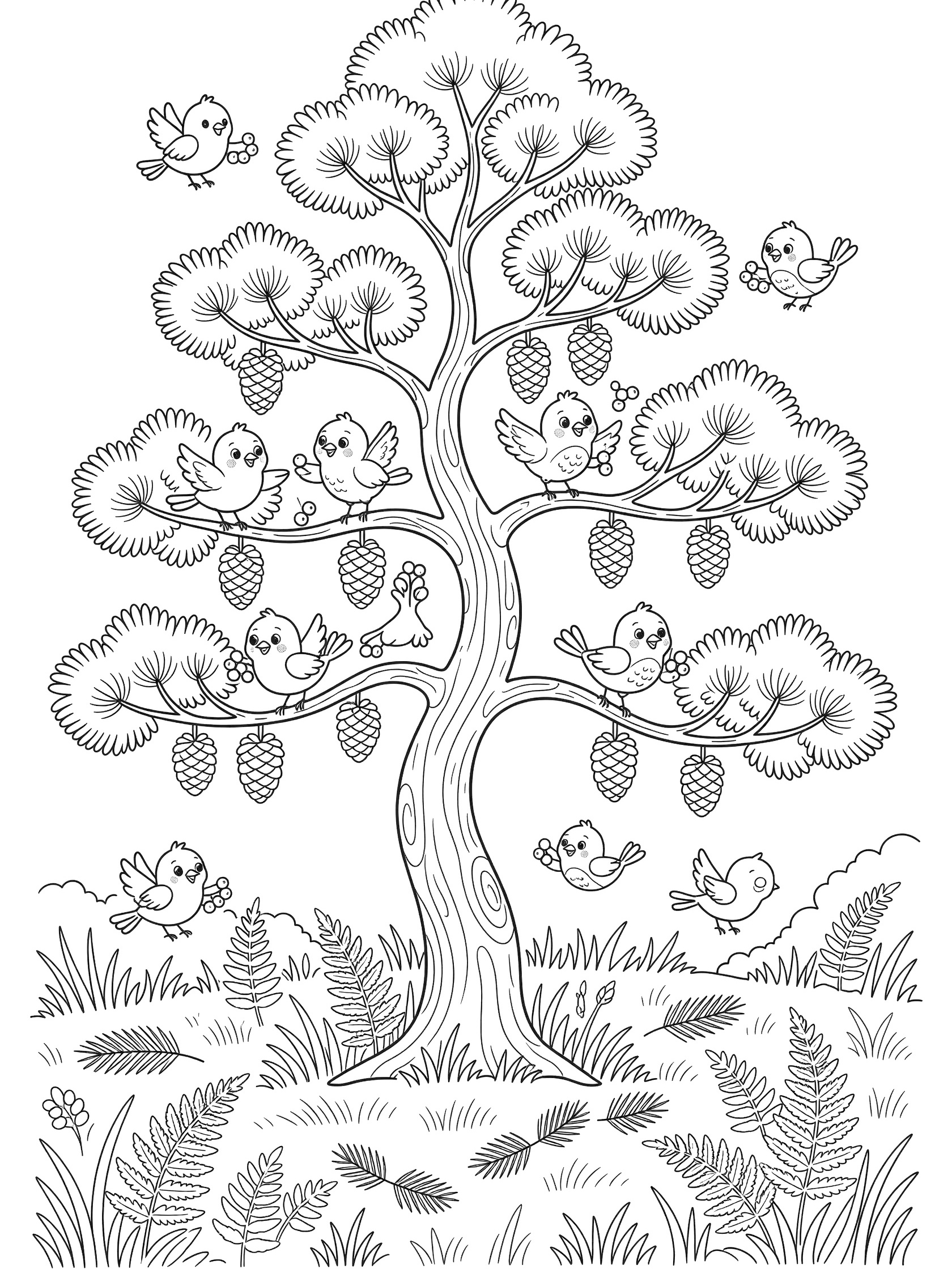 Printable coloring page showing a pine tree with detailed branches, pine cones, birds perched on limbs and flying nearby, ferns, and grass on white background