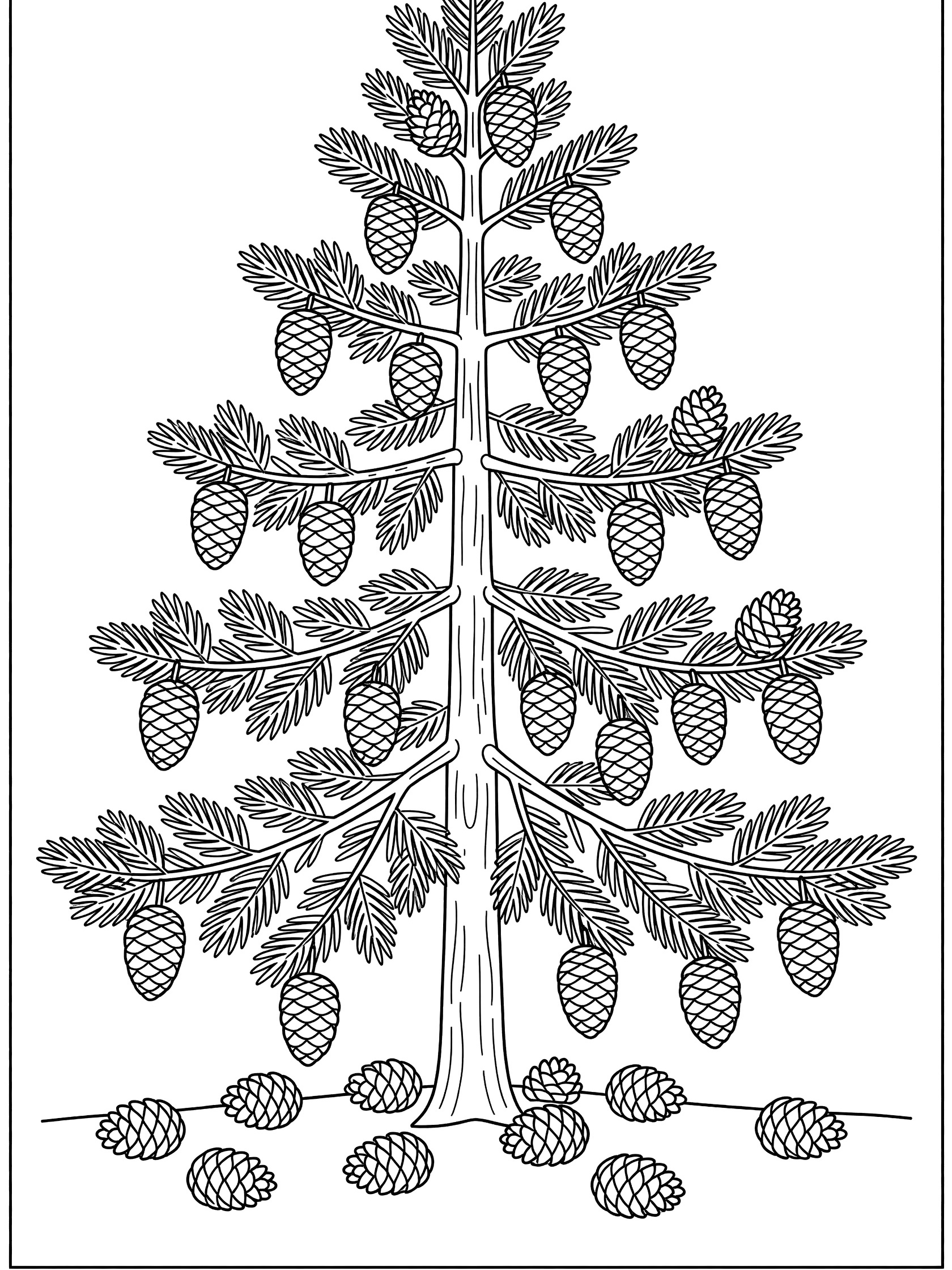 Black and white line drawing of a pine tree with detailed branches holding pine cones and scattered cones at the base, coloring book style.