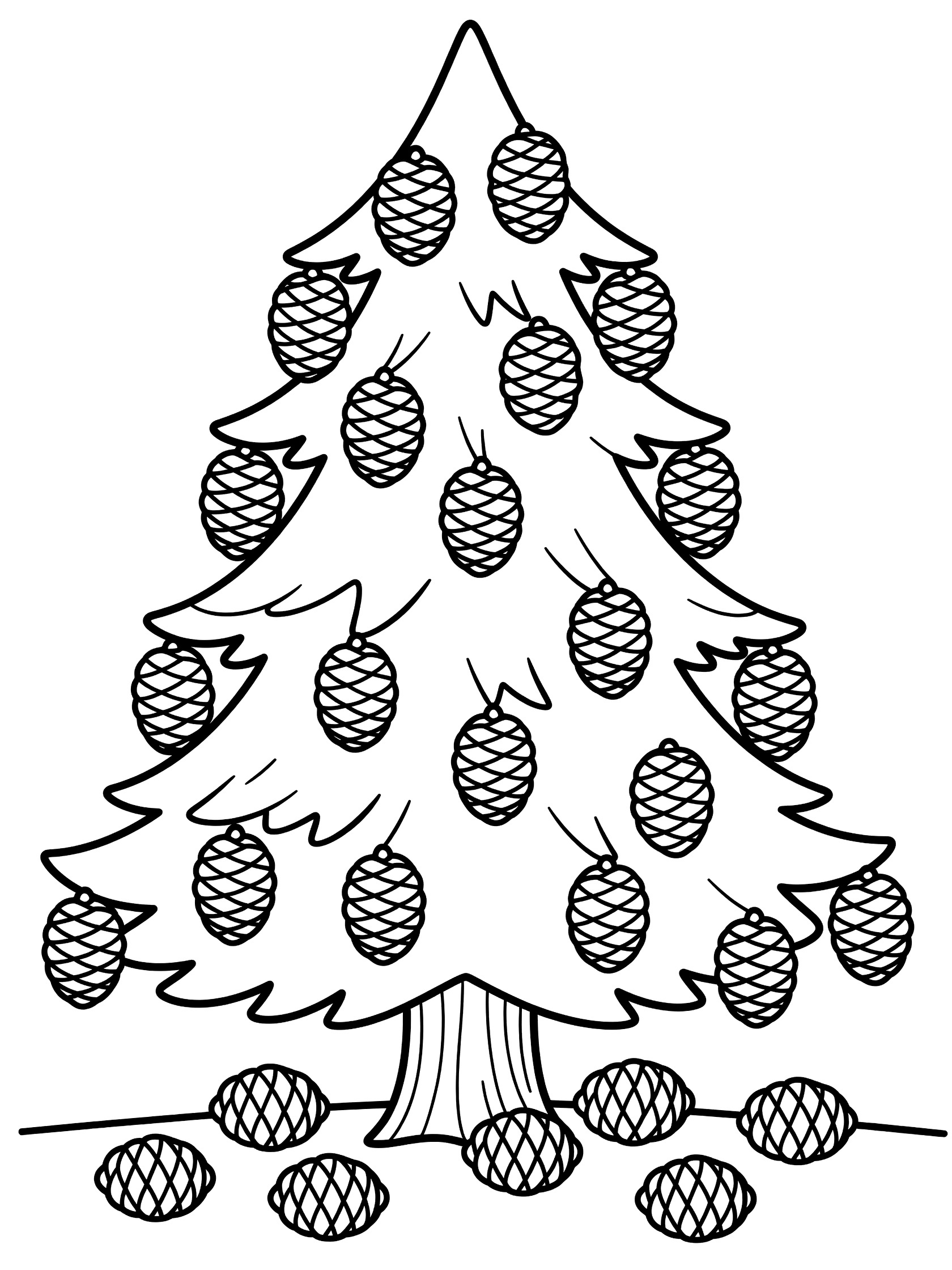 Black and white line art coloring page showing a pine tree with many pine cones hanging from branches and scattered on the ground below the trunk. Fir Tree themed black and white printable line art